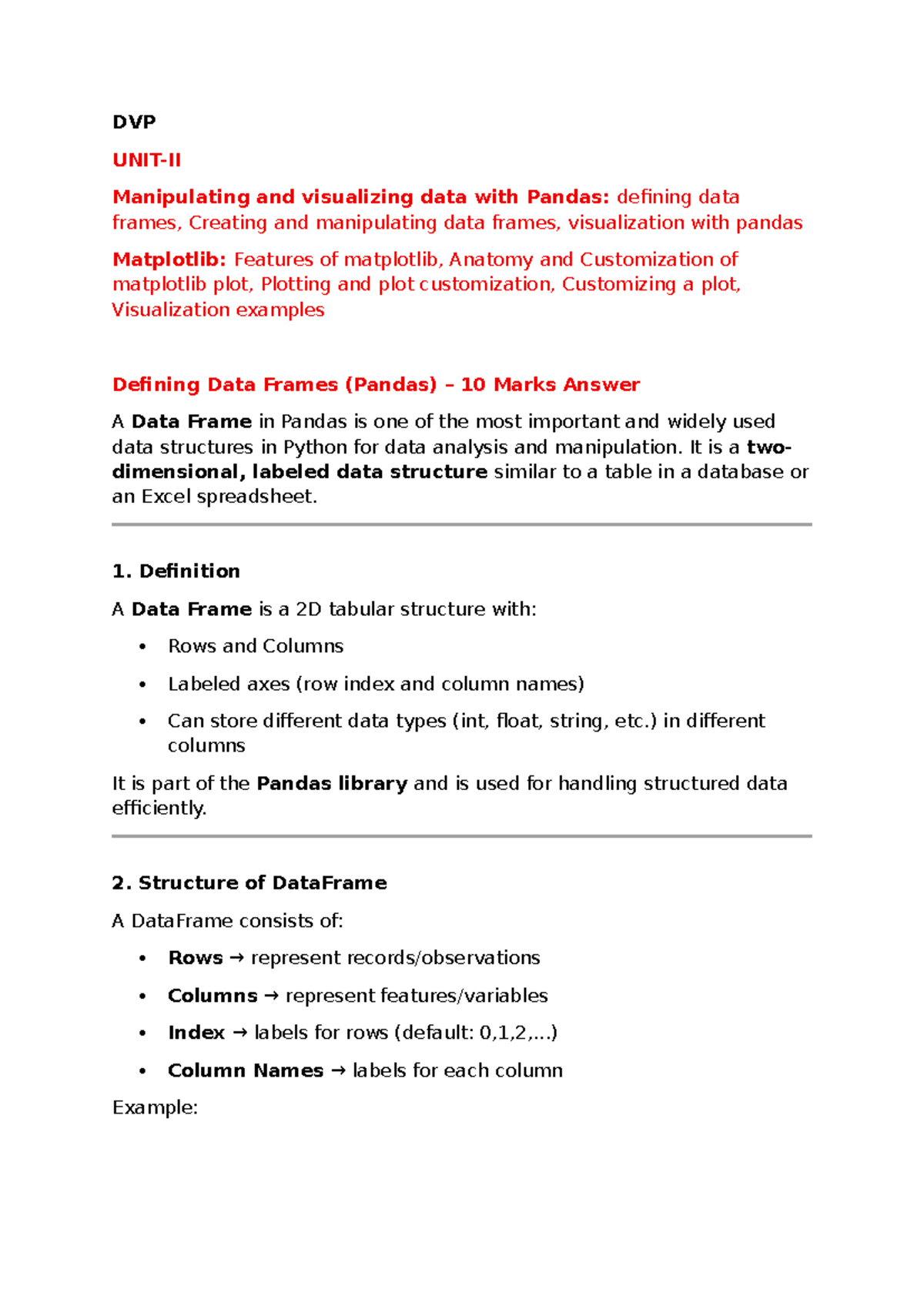 DVP 10 Marks Notes: Data Manipulation & Visualization with Pandas - Studocu