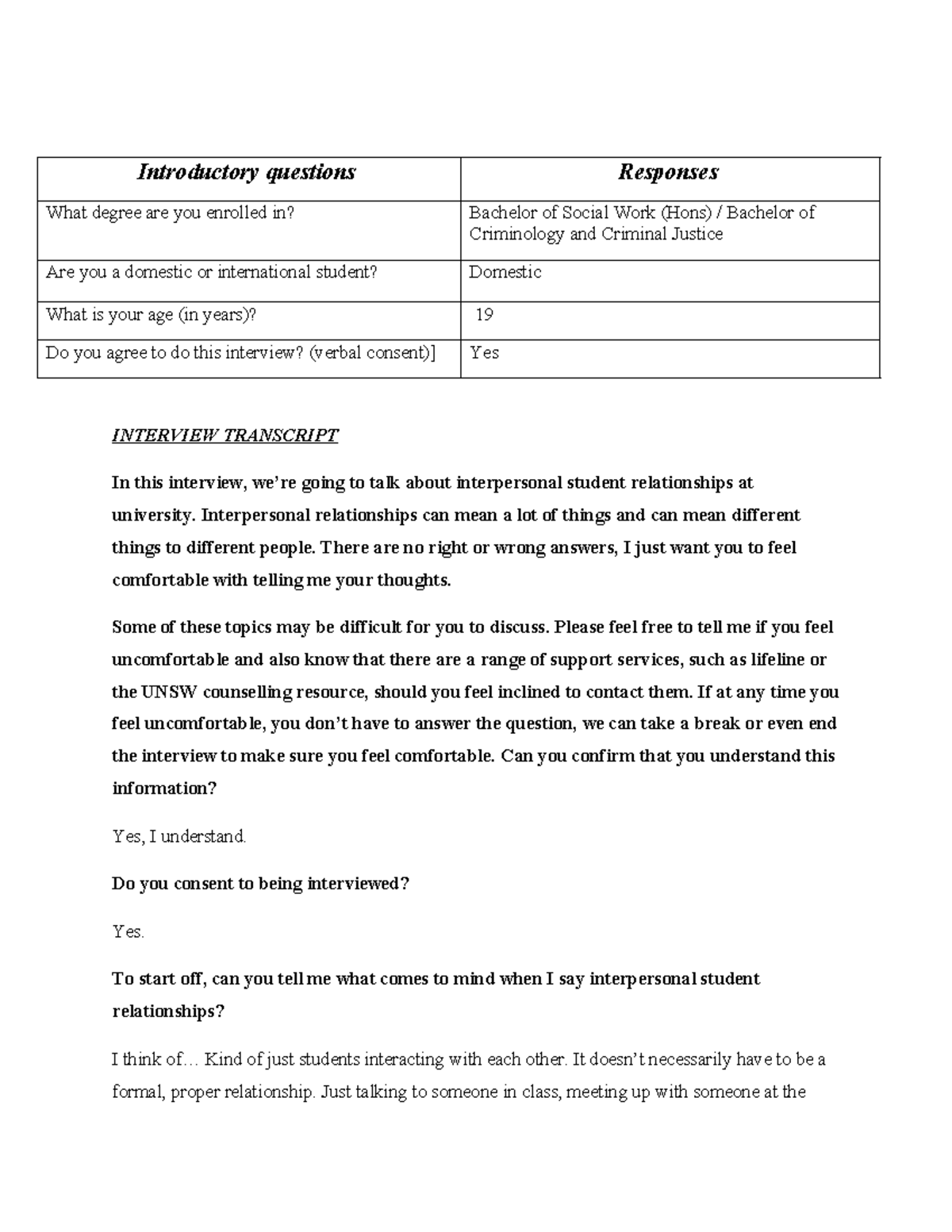 Interpersonal Relationships in University: Interview Insights (SWK101 ...