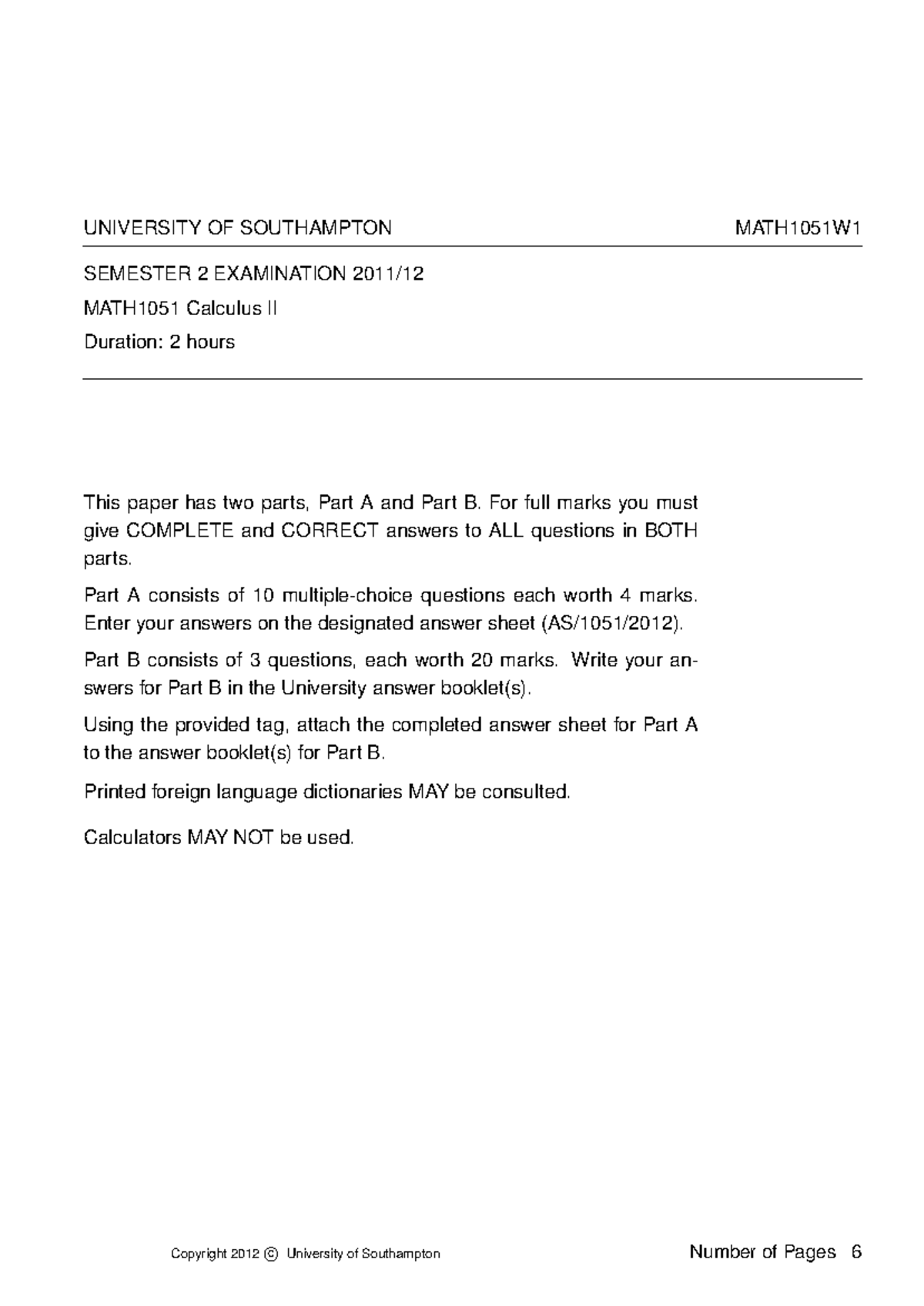 MATH1051W1 2012 Calculus II Final Exam Past Paper with Solutions - Studocu