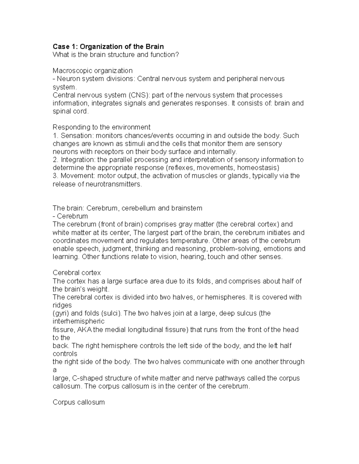 Case Study: Organization of the Brain - Structure & Function Analysis ...