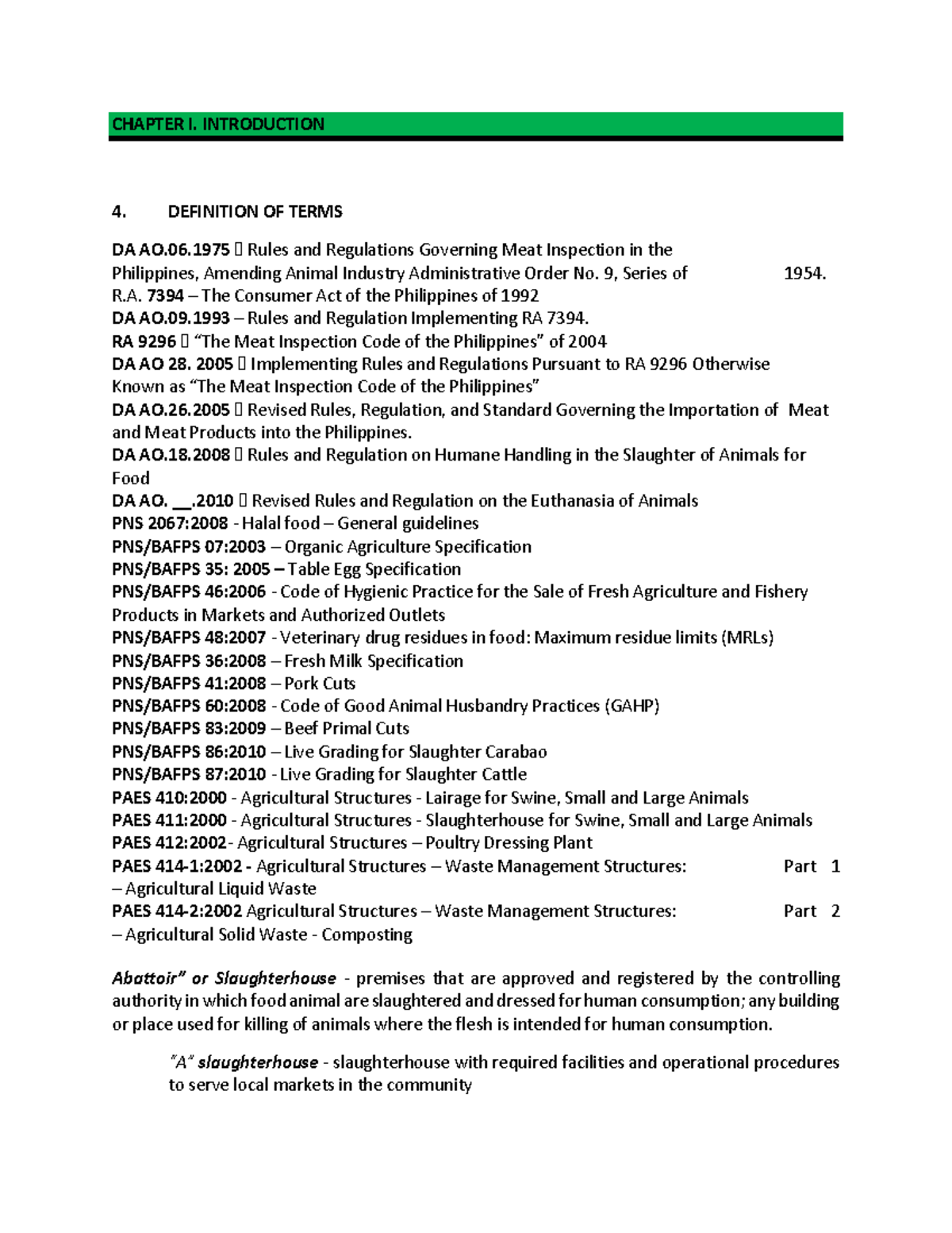 Chapter I: Introduction to Meat Inspection Regulations in the ...