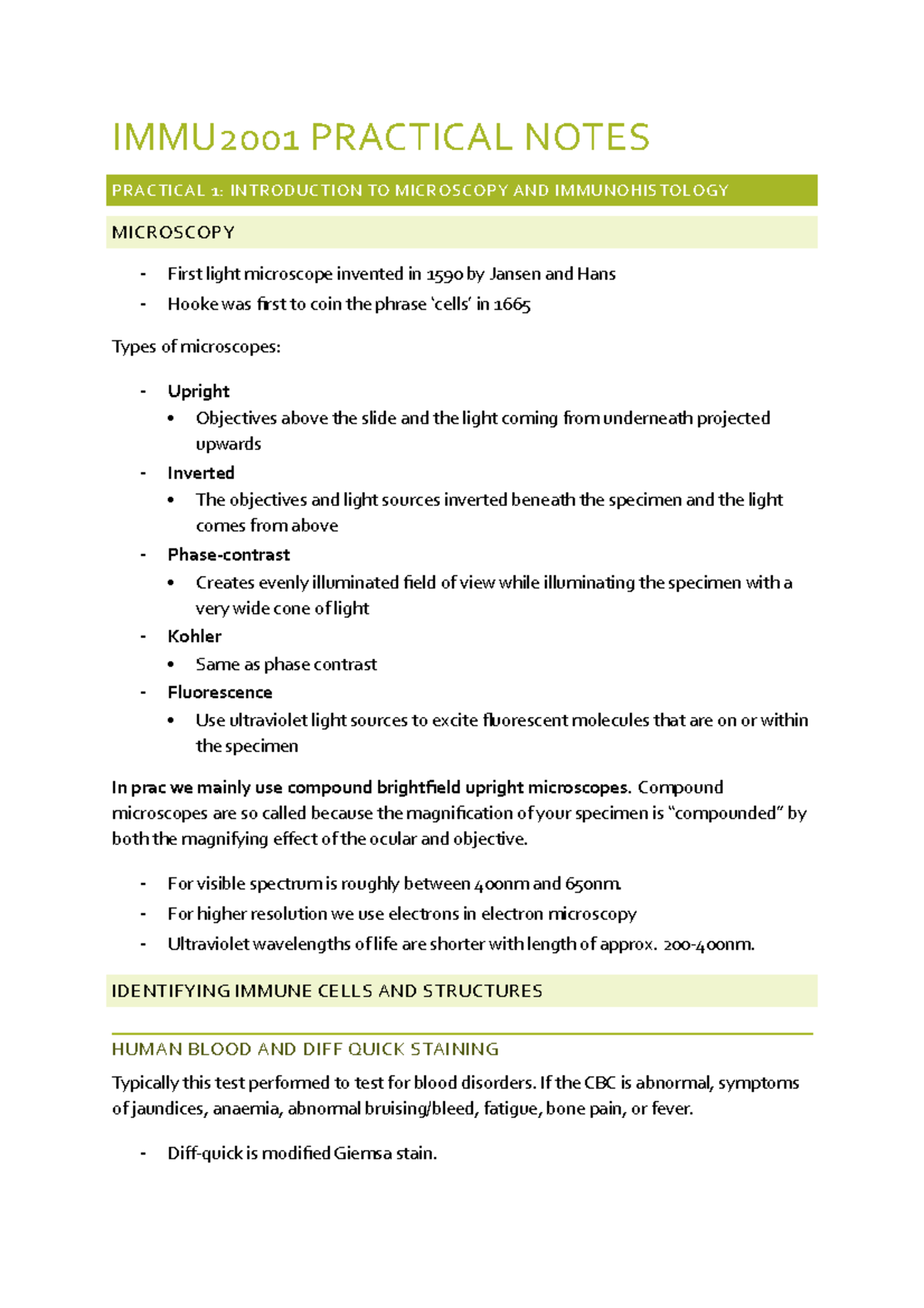 IMMU2011 FULL PRAC Theory Notes - IMMU2001 PRACTICAL NOTES PRACTICAL 1 ...