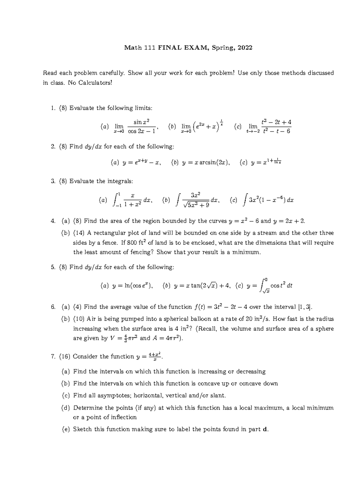 Math 111 FINAL EXAM, Spring 2022 - Problem Set and Solutions - Studocu