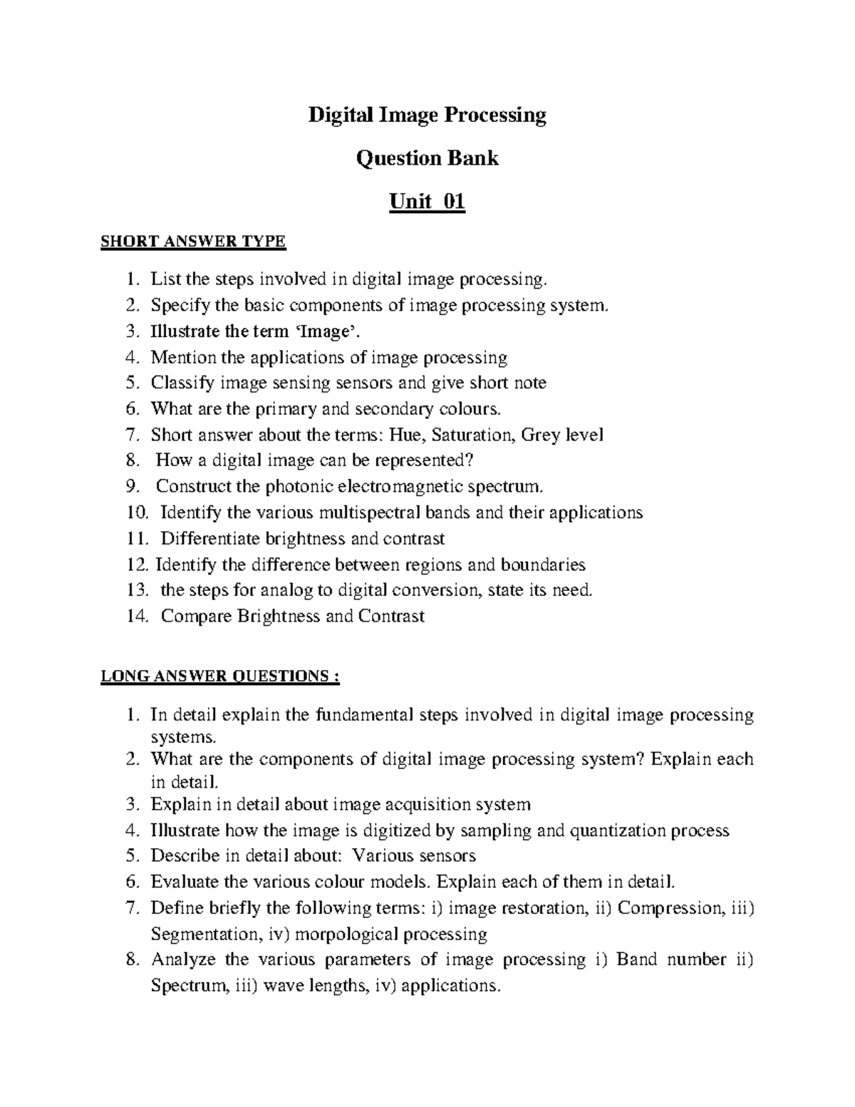 Unit-wise Digital Image Processing Question Bank (QB) - Studocu
