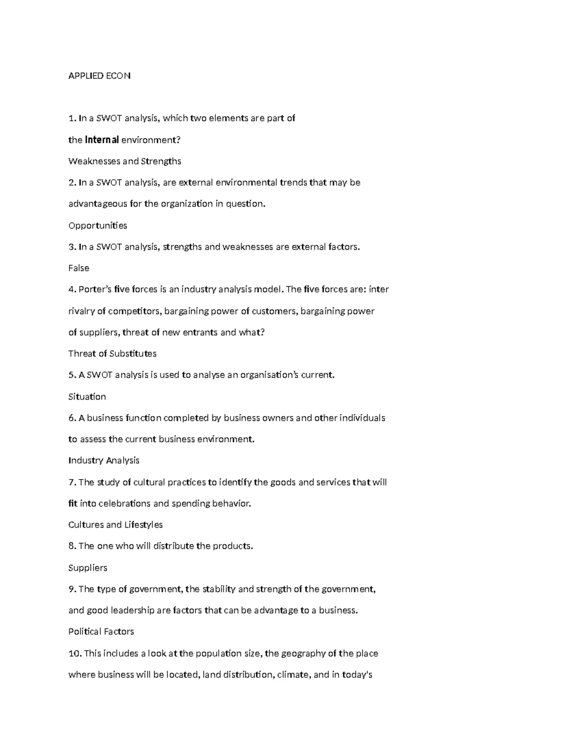 Applied Economics Terminologies: Key Concepts and Definitions - Studocu