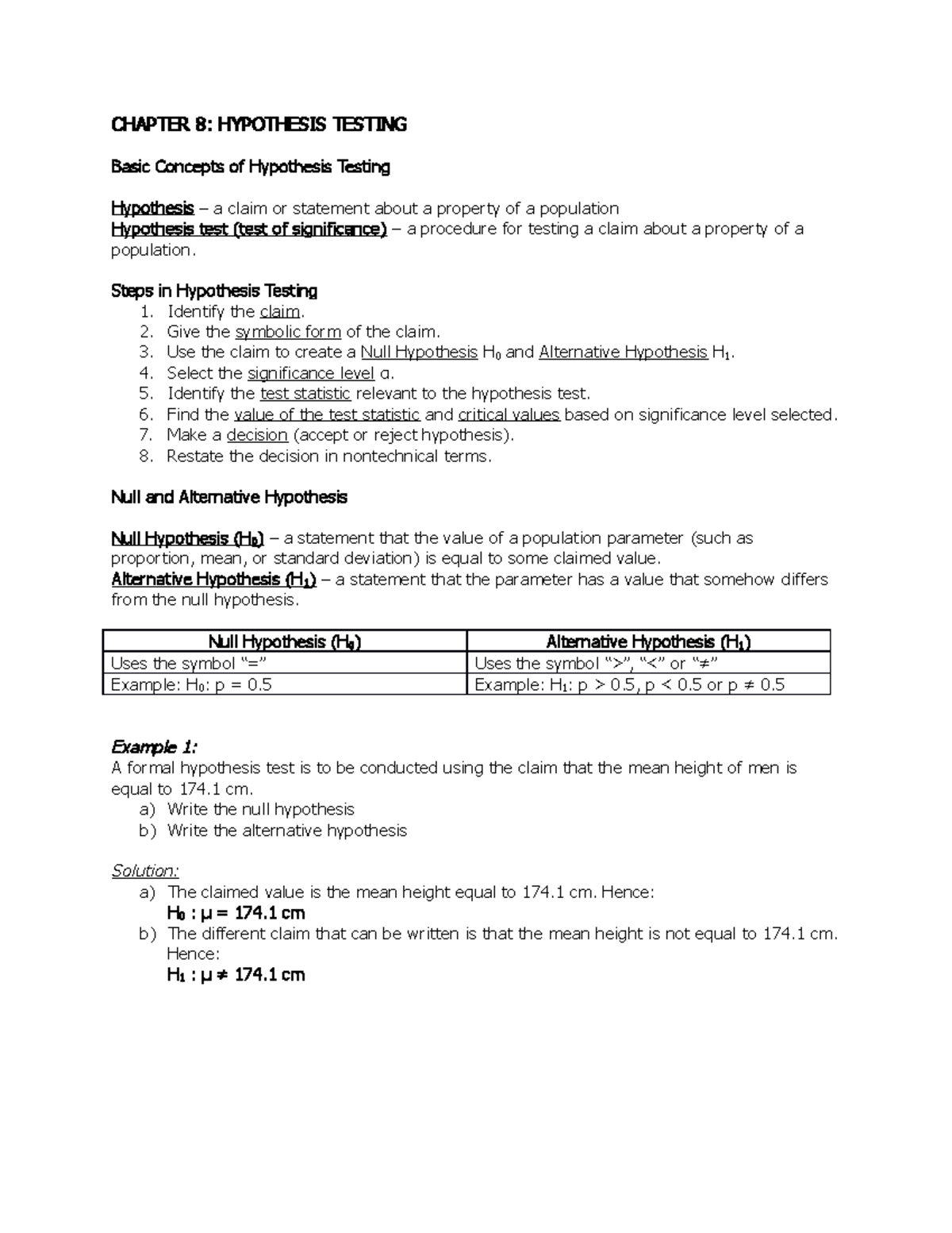 Chapter 8 - Hypothesis Testing: Key Concepts & Procedures - Studocu