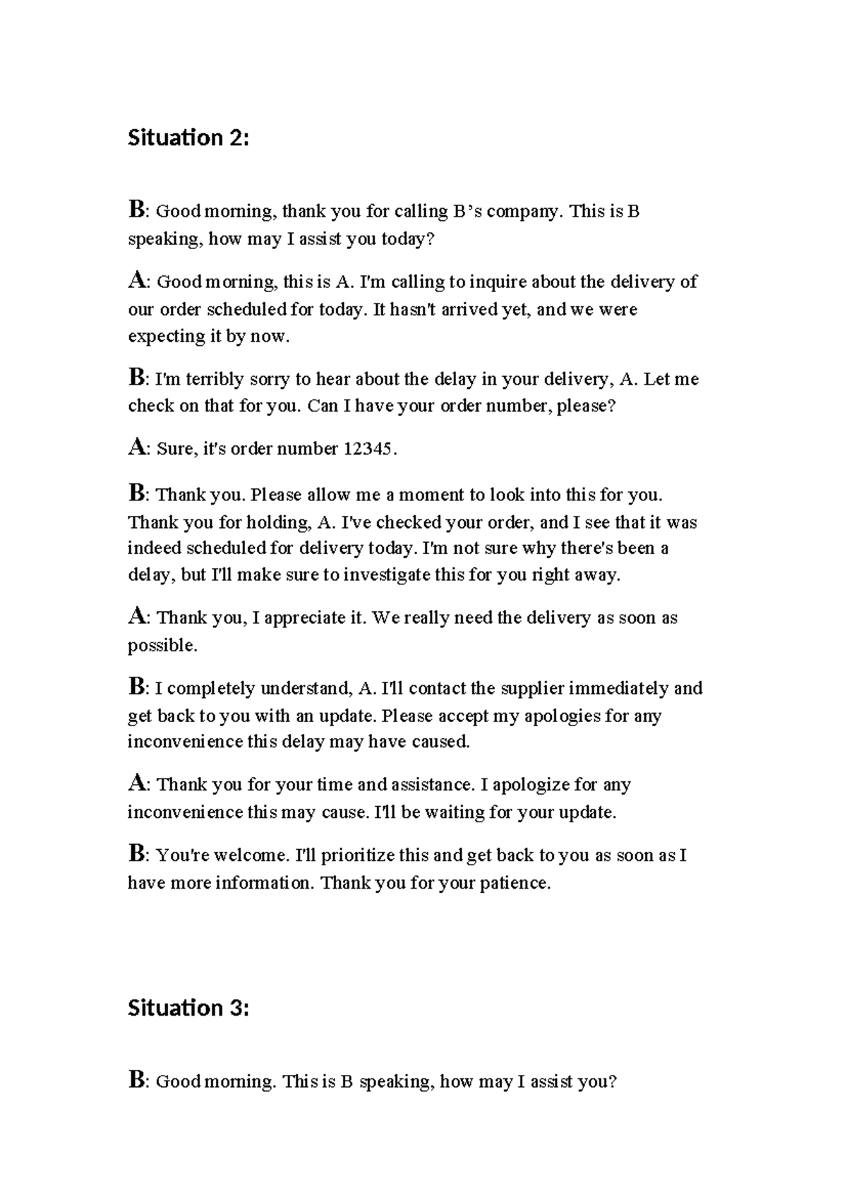 COB - Speaking Unit 4: Customer Inquiry Role Play Examples - Studocu