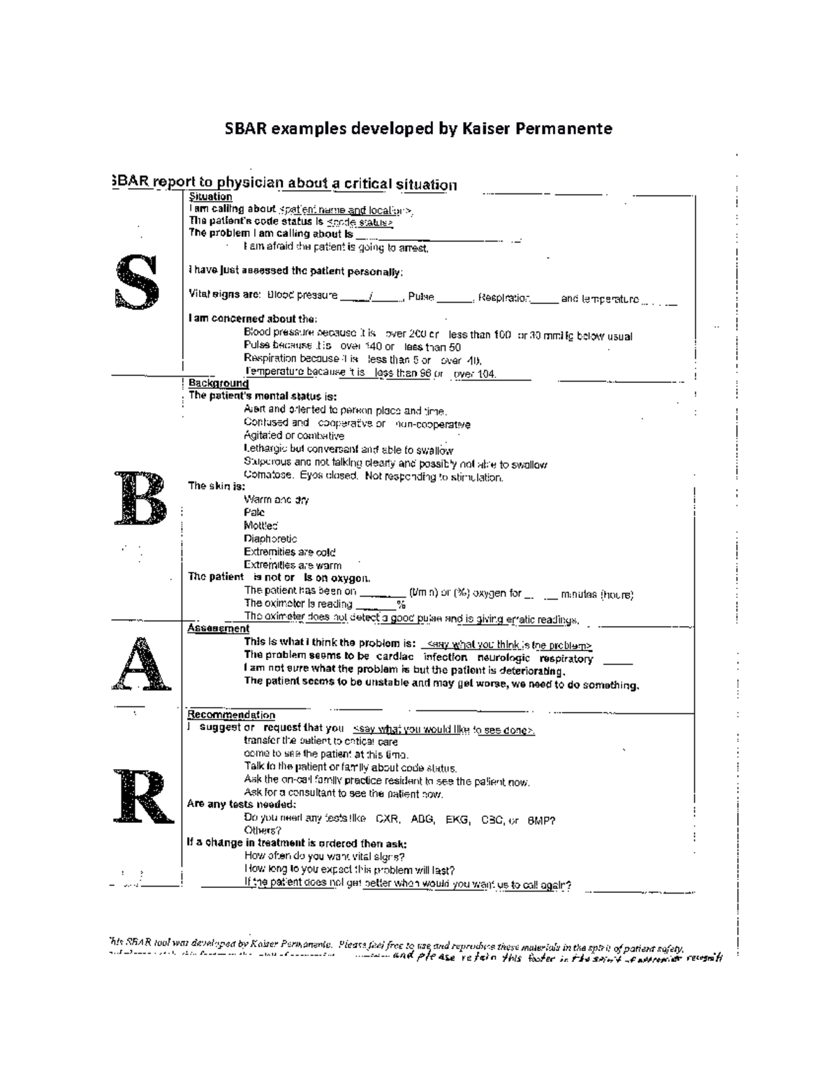 SBAR Communication Guidelines for Physicians' Critical Situations - Studocu
