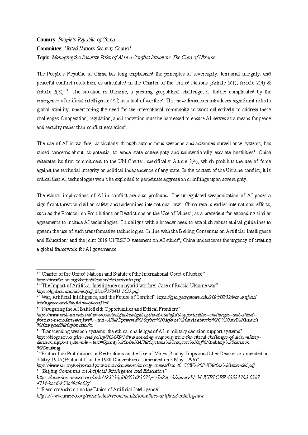 Position Paper China UNSC - Country: People’s Republic of China ...