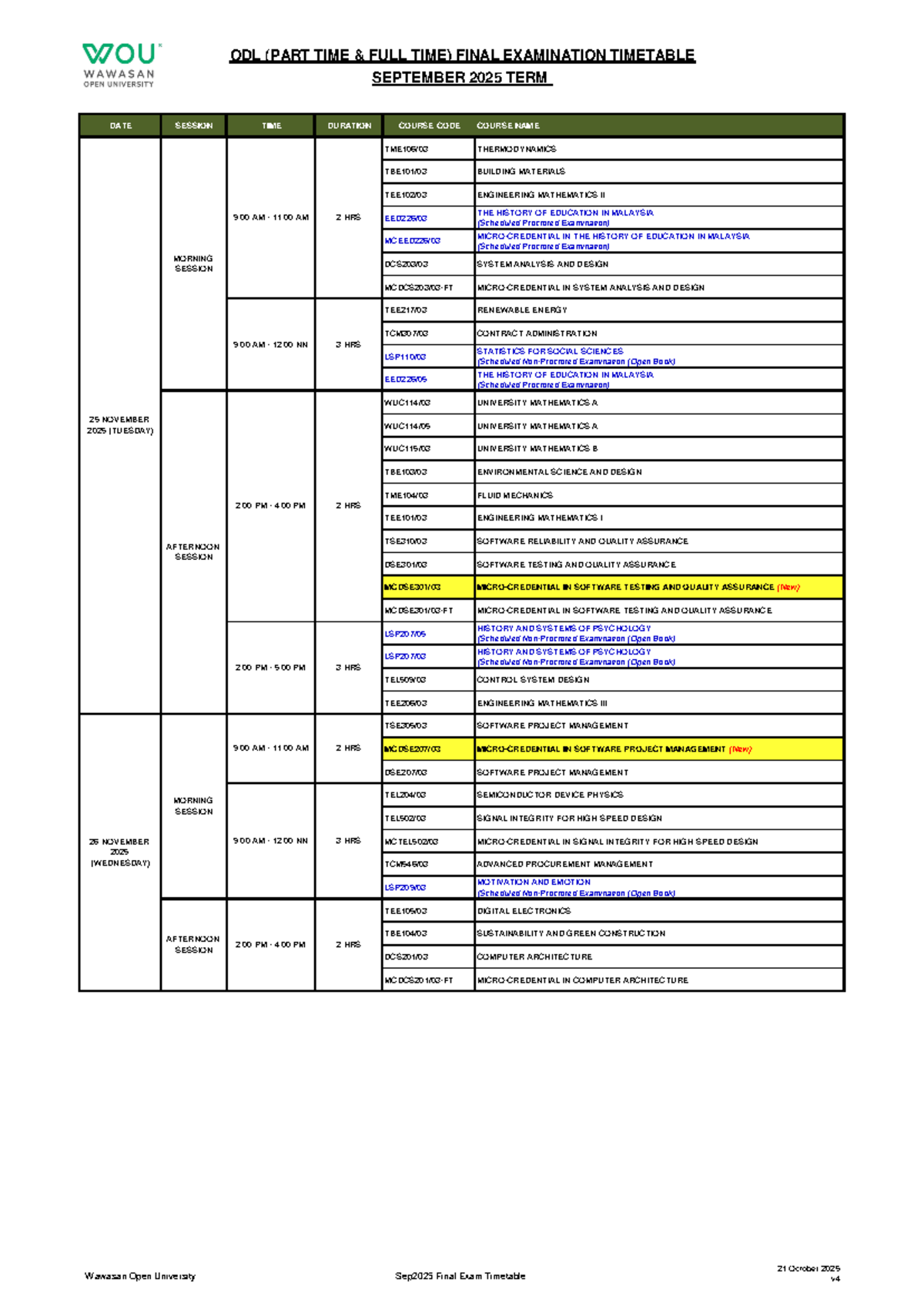 ODL (PART TIME FULL TIME) FINAL EXAM TIMETABLE SEPT 2025 - Studocu
