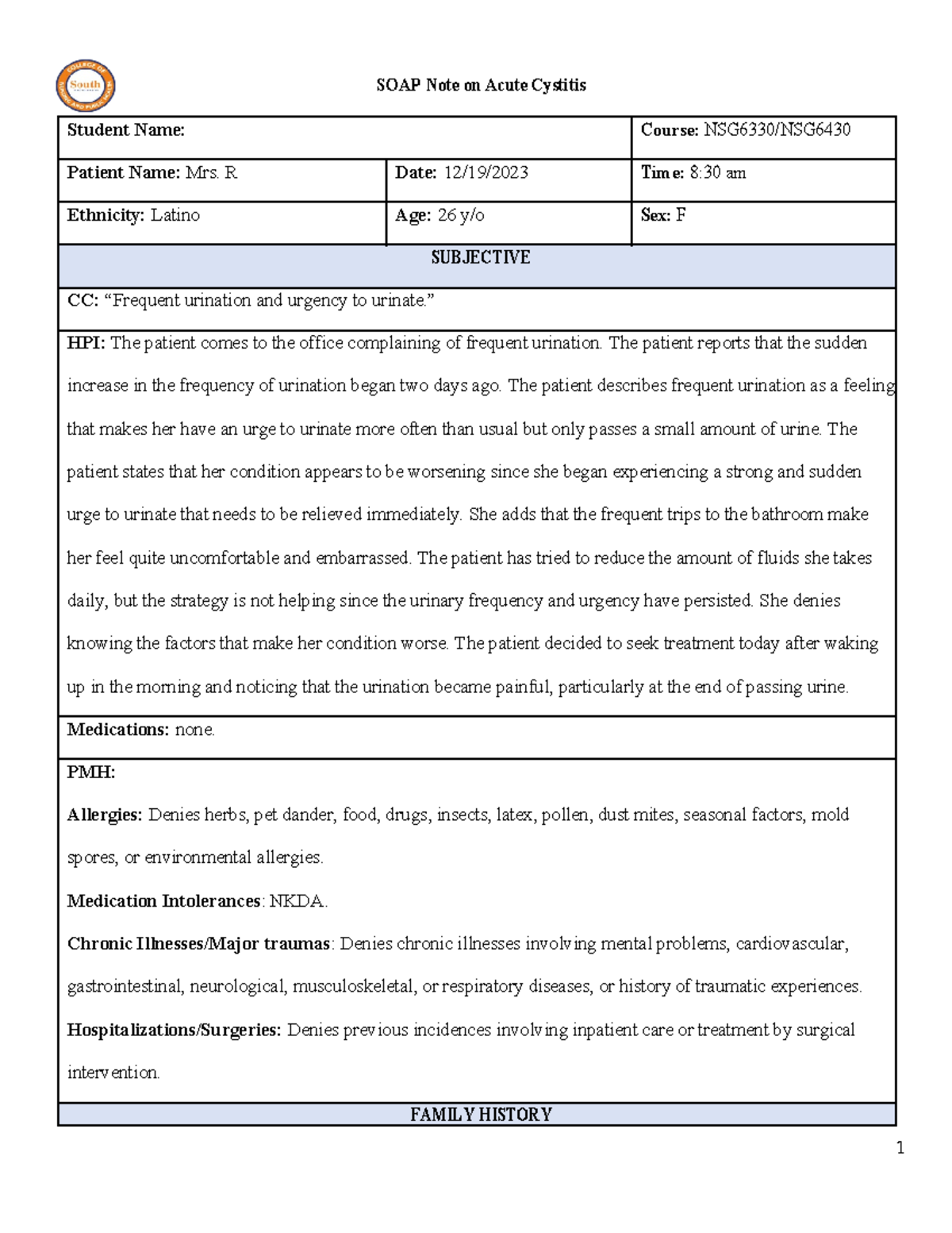 SOAP Note for Acute Cystitis - NSG6330/NSG Class Documentation - Studocu