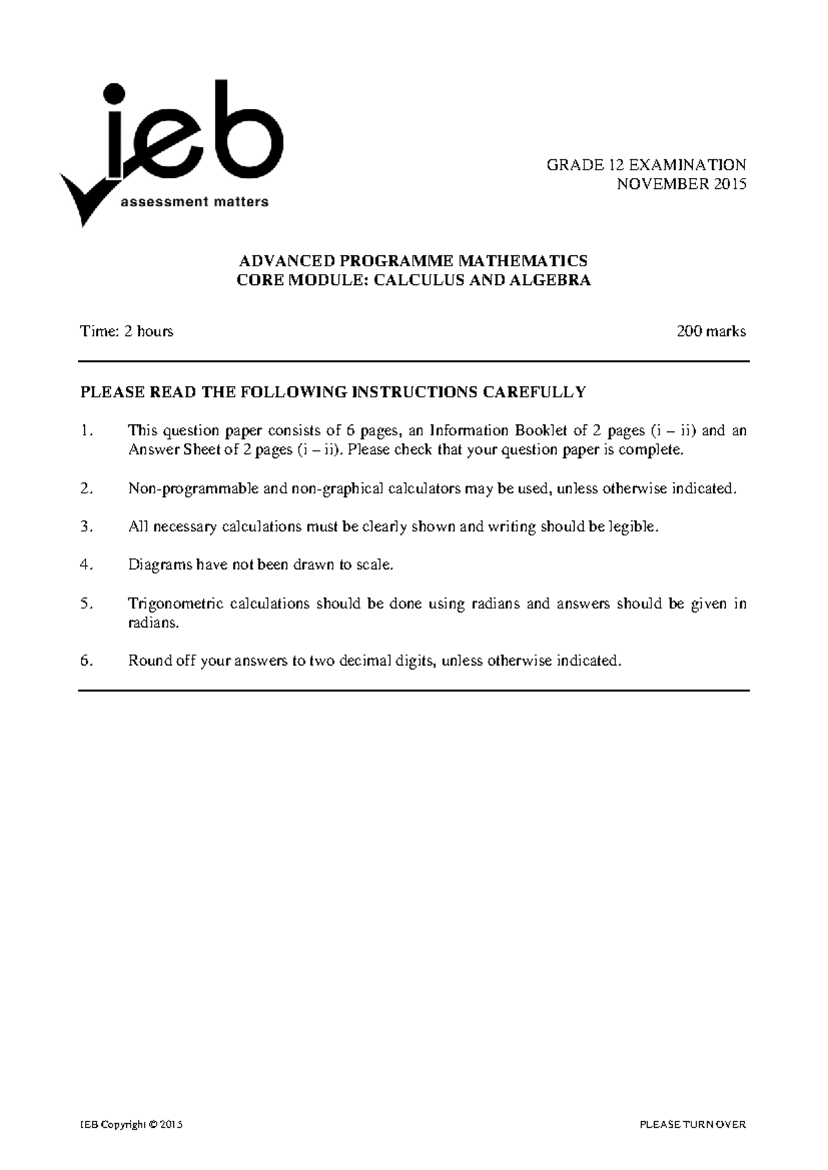 AP Maths 2015 Calculus TN - GRADE 12 EXAMINATION NOVEMBER 2015 ADVANCED ...
