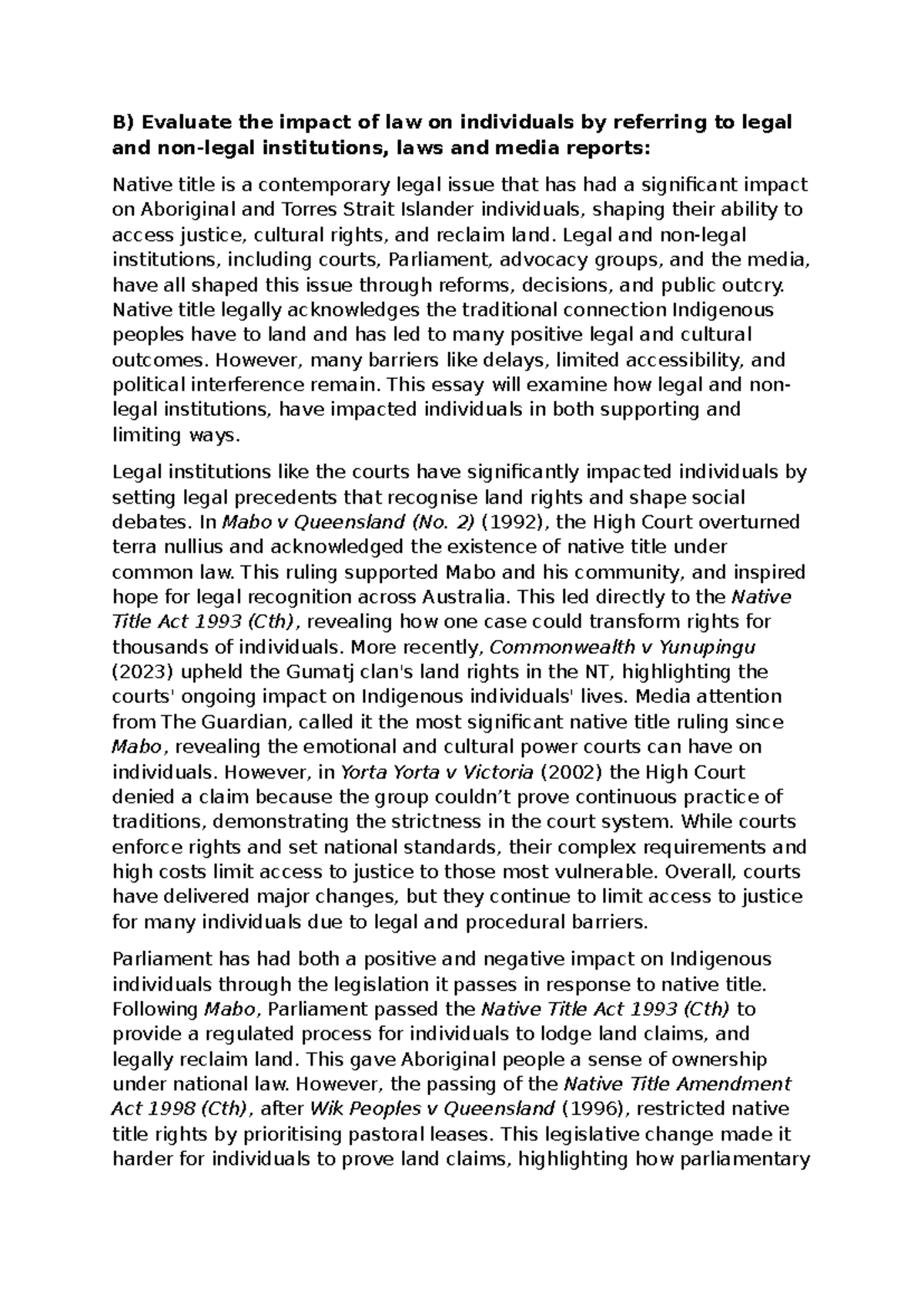 Assessing the Impact of Law on Native Title: A Study (Ass Task 2) - Studocu