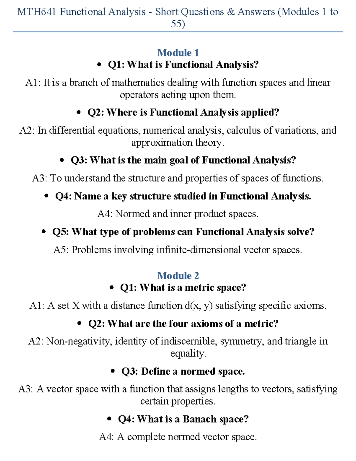 MTH641 Functional Analysis Short Q&A for Modules 11-20 - Studocu