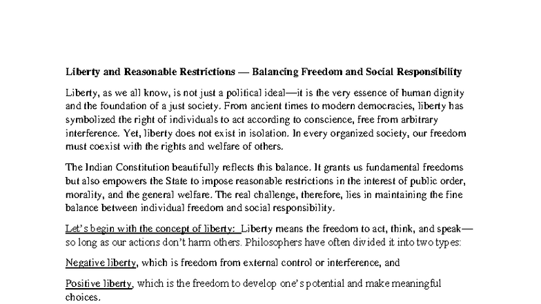 Liberty and Reasonable Restrictions: Balancing Freedom and ...