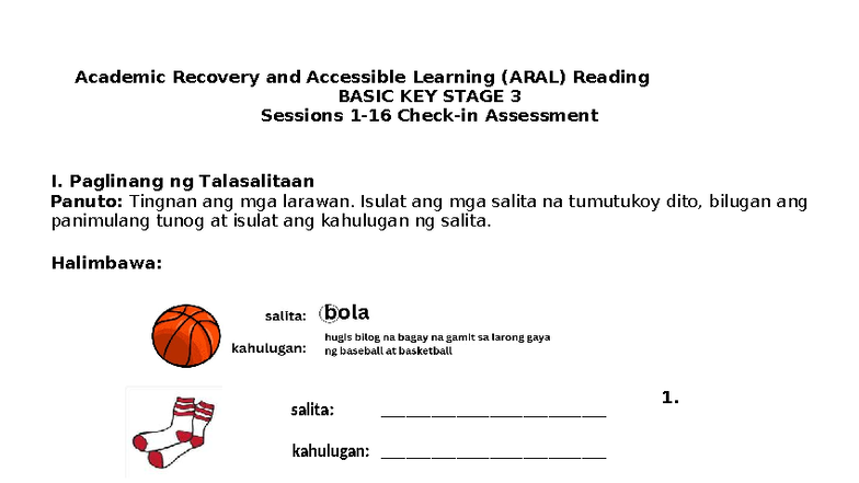 Final ARAL Reading BASIC KS 3 Check-in Assessment Sessions 1-16 - Studocu