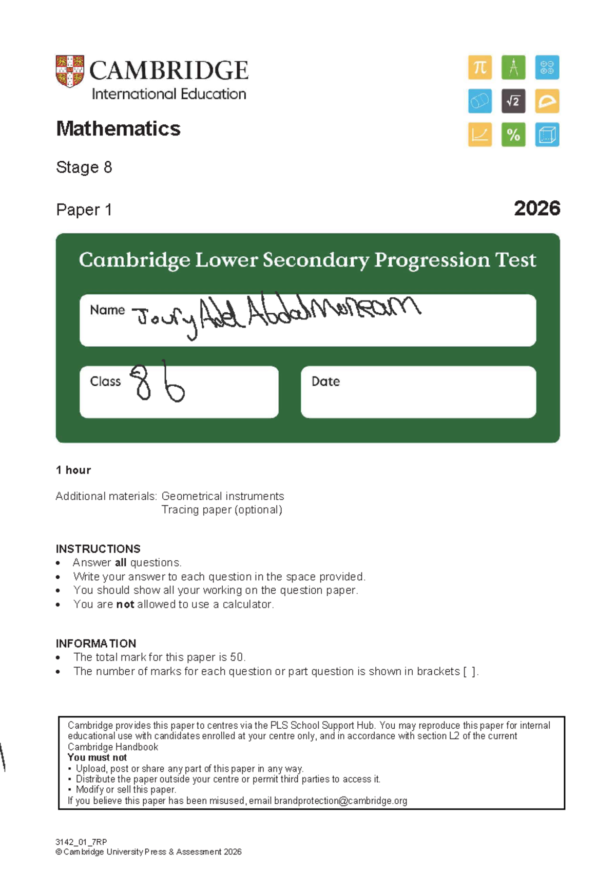 Mathematics Stage 8 Paper 1 Exam 2026 - 1 Hour Duration - Studocu