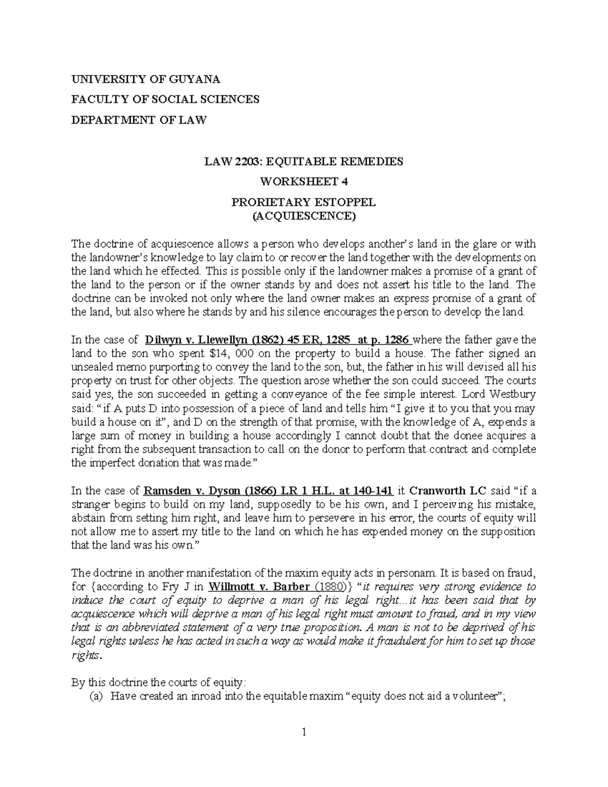 The Mareva Injunction Worksheet - University of Guyana LAW 2203 ...