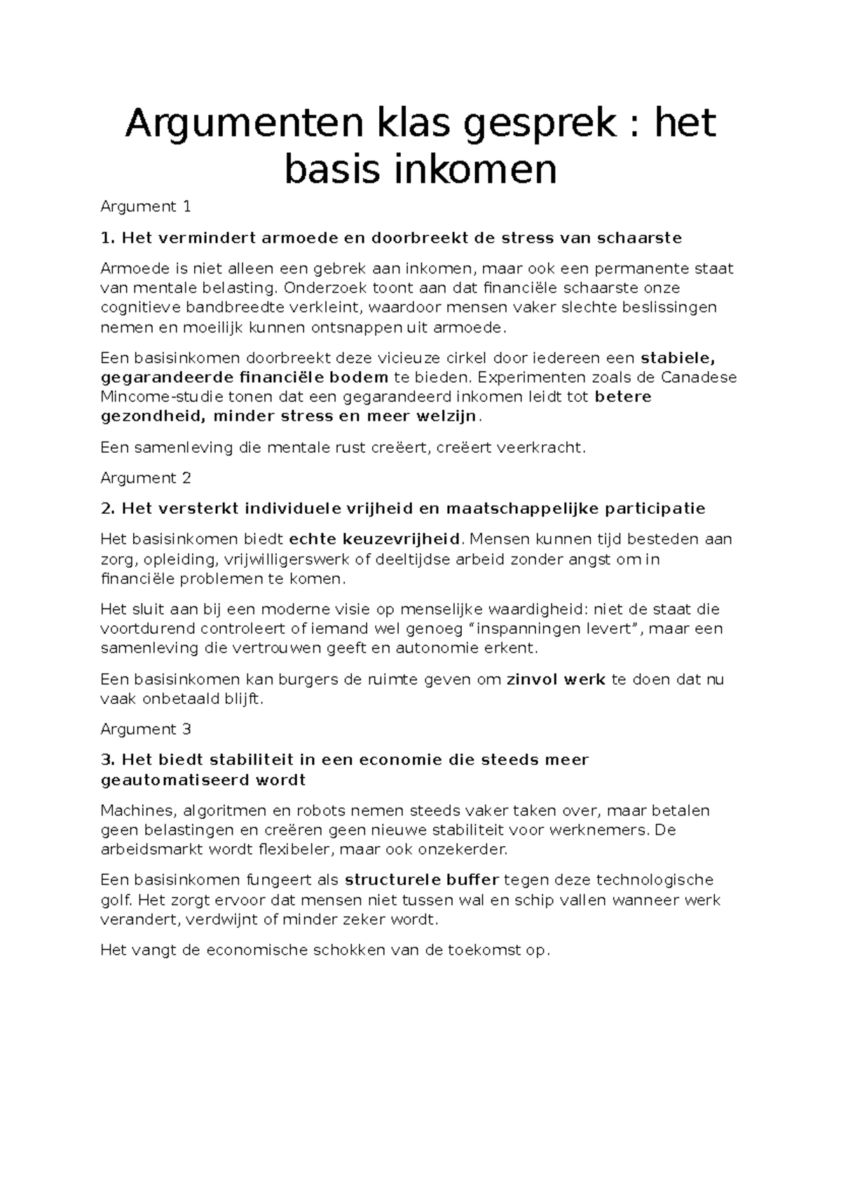 Argumenten en onderbouwing voor het debat over Basisinkomen - Studocu