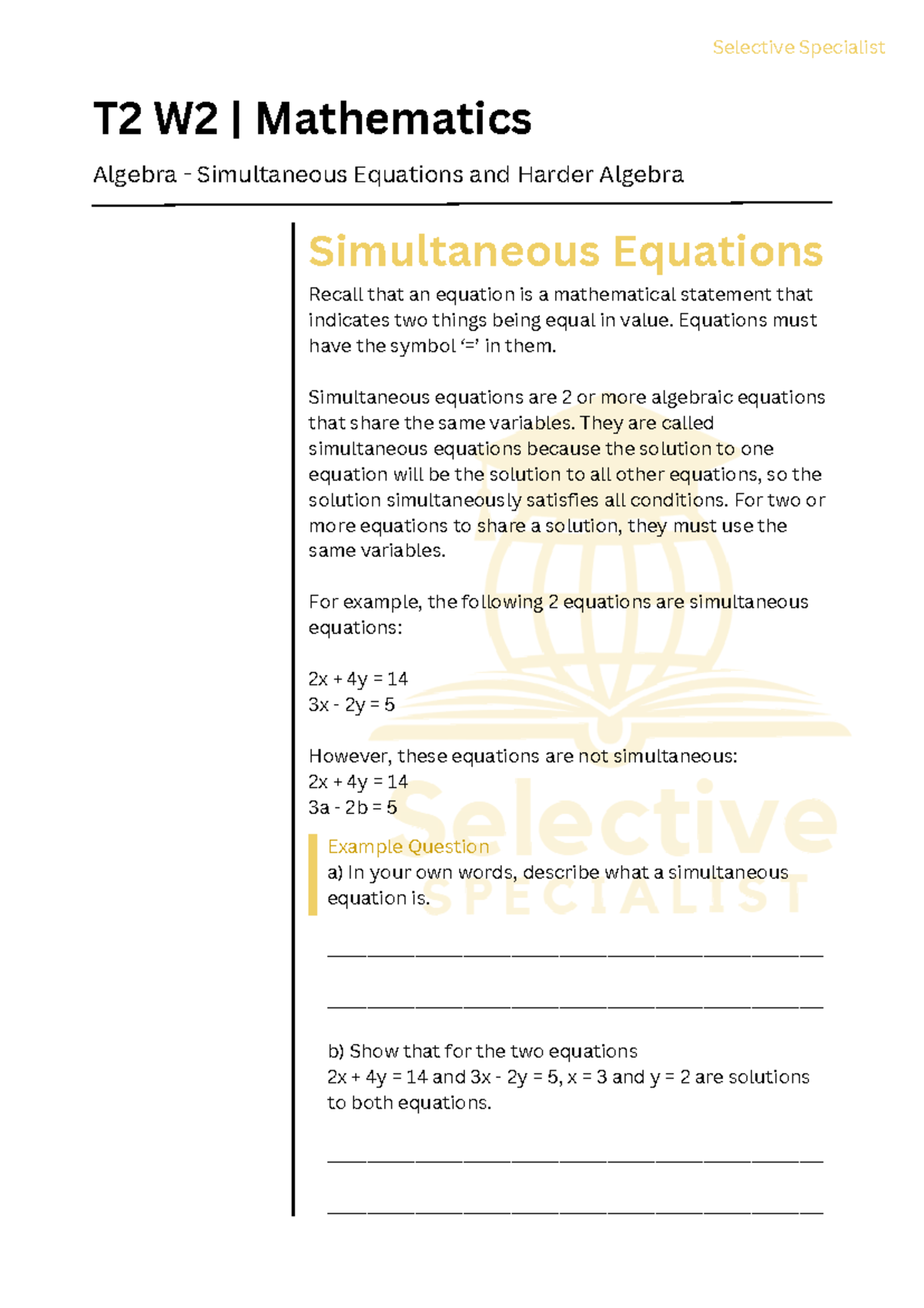 T2 W2 Algebra and Simultaneous equations - T2 W2 | Mathematics Algebra ...