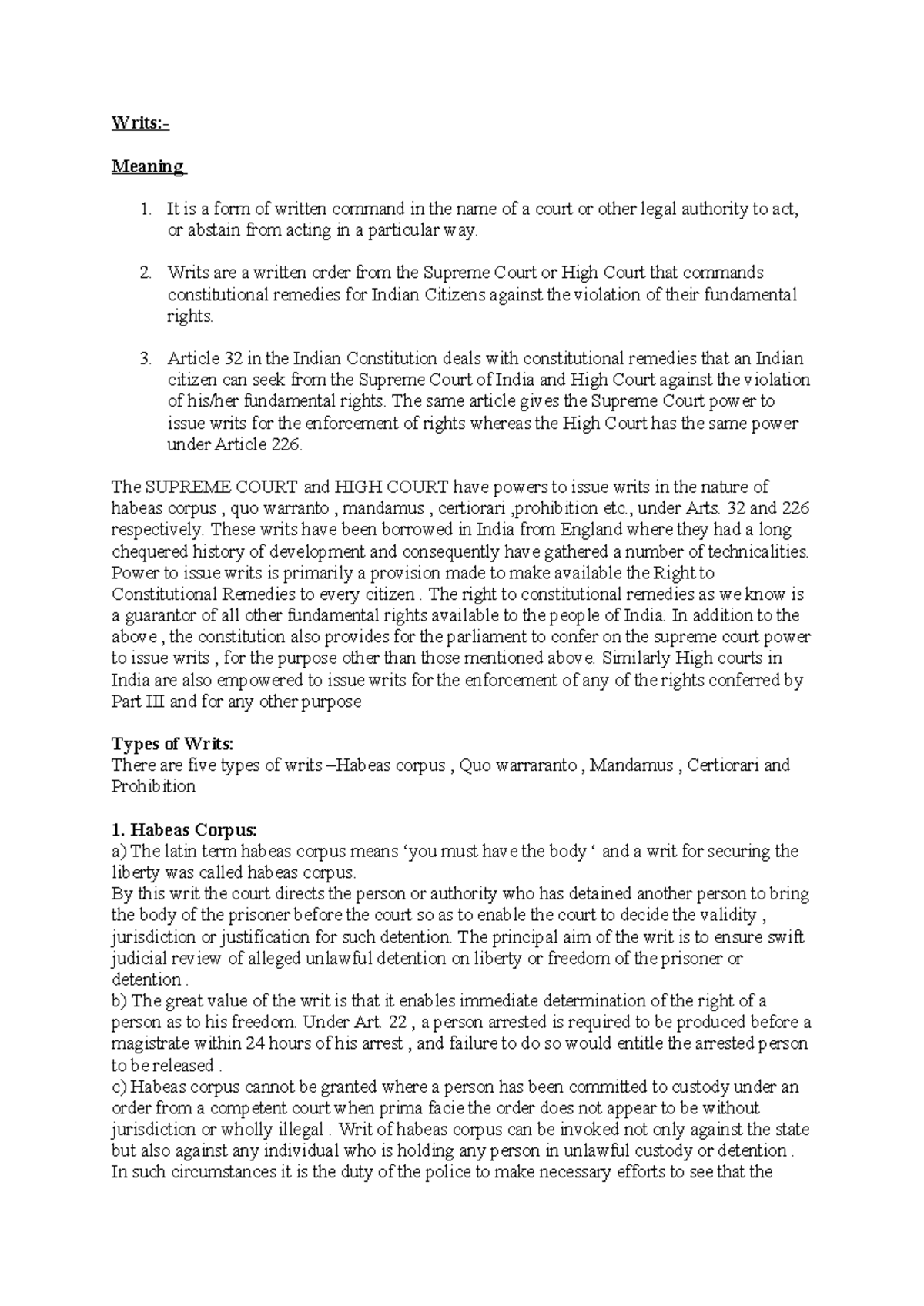 Writs-9th sem - Notes - Writs:- Meaning 1. It is a form of written ...