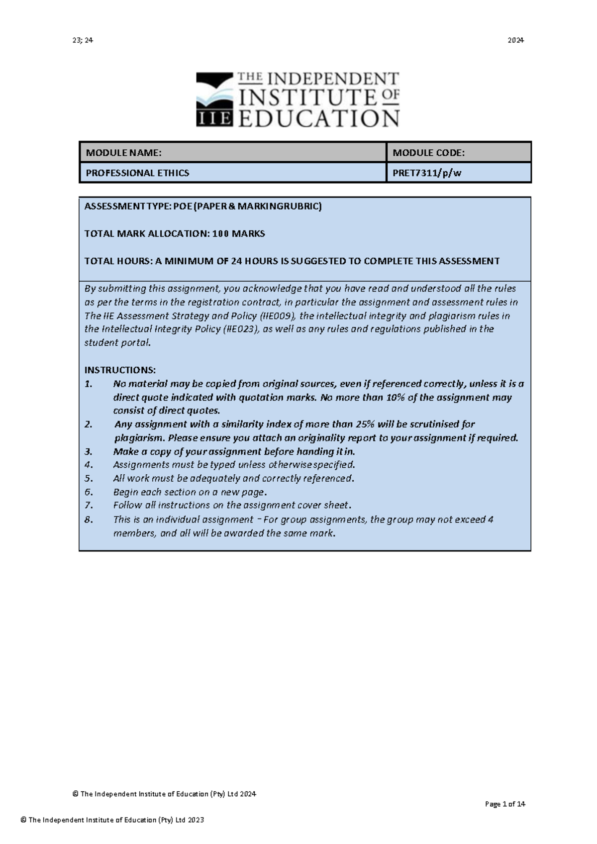 PRET7311 POE instruction document - 23 ; 24 2024 © The Independent ...