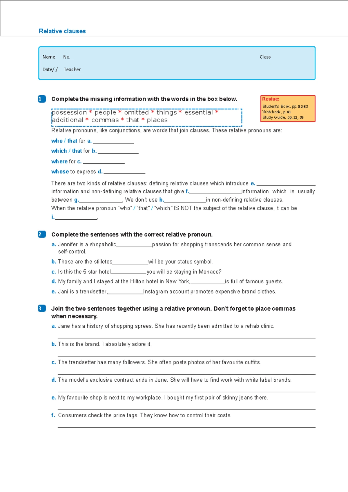 Grammar: Relative Pronouns & Clauses - STEP UP 10 Resource File - Studocu