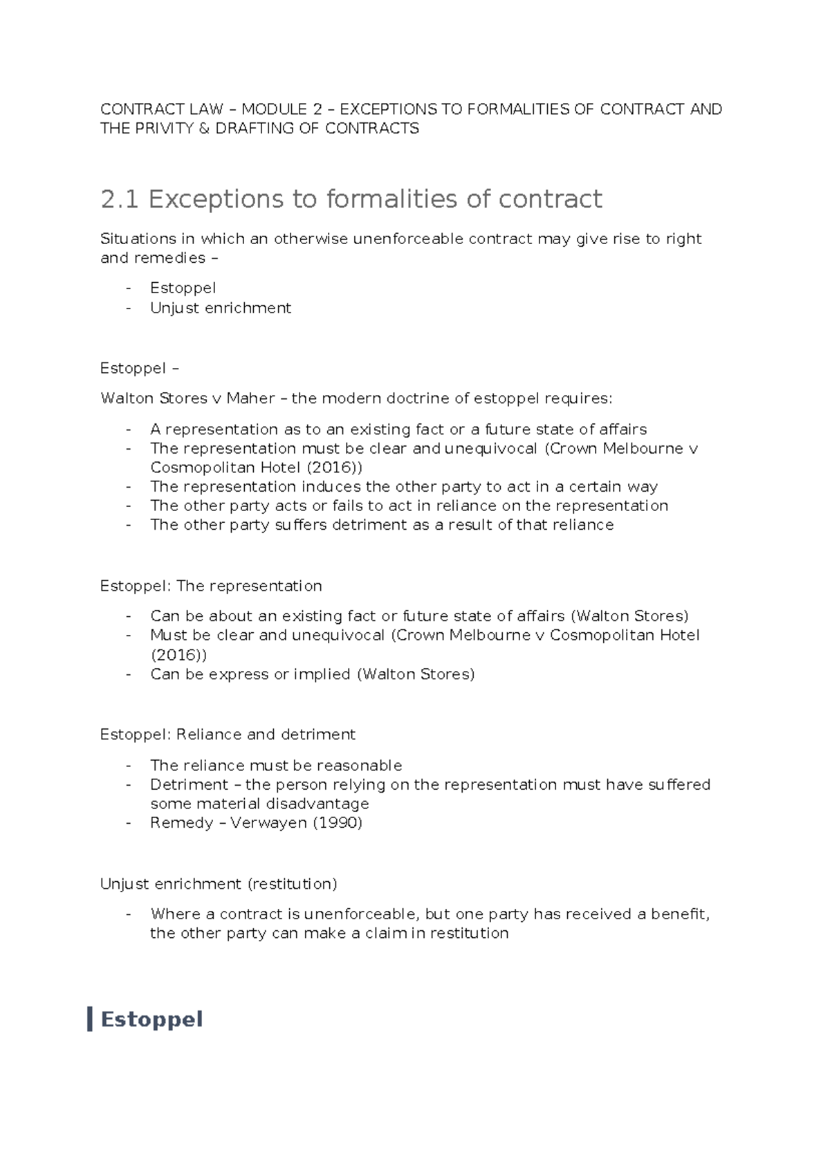CL Module 2: Exceptions to Formalities & Privity in Contract Law - Studocu