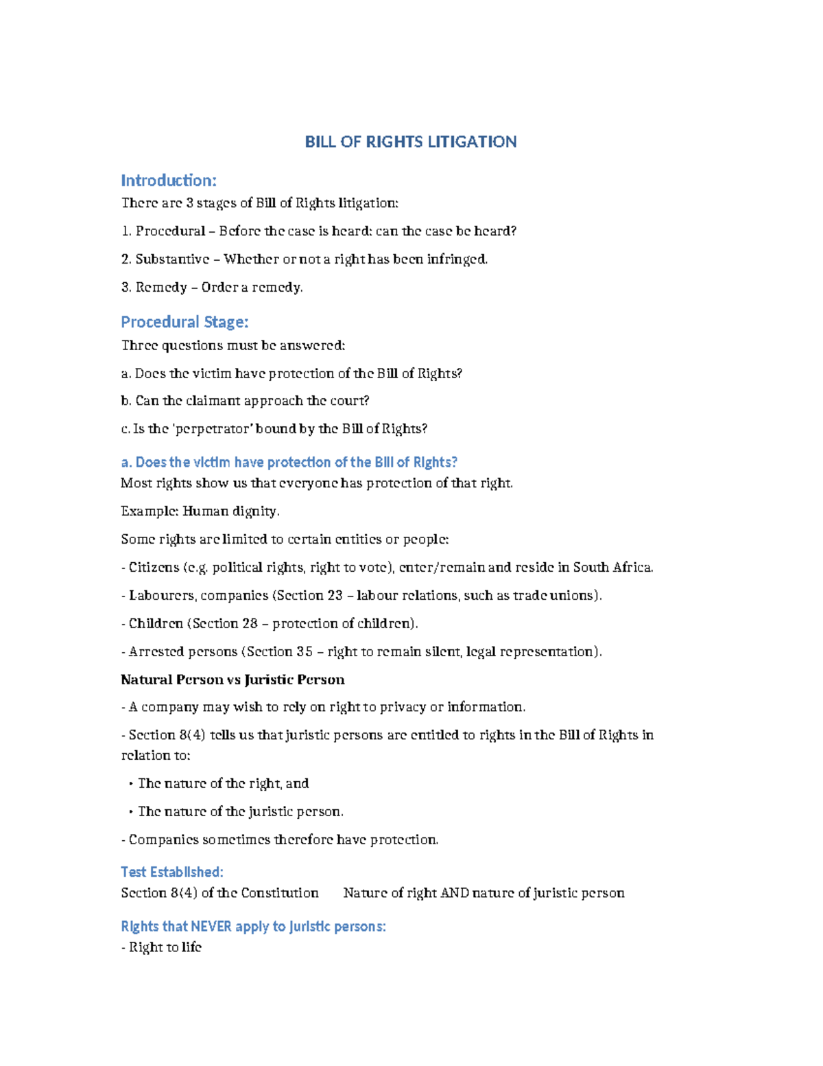 Con202 Bill of Rights Litigation Notes: Stages & Key Concepts - Studocu