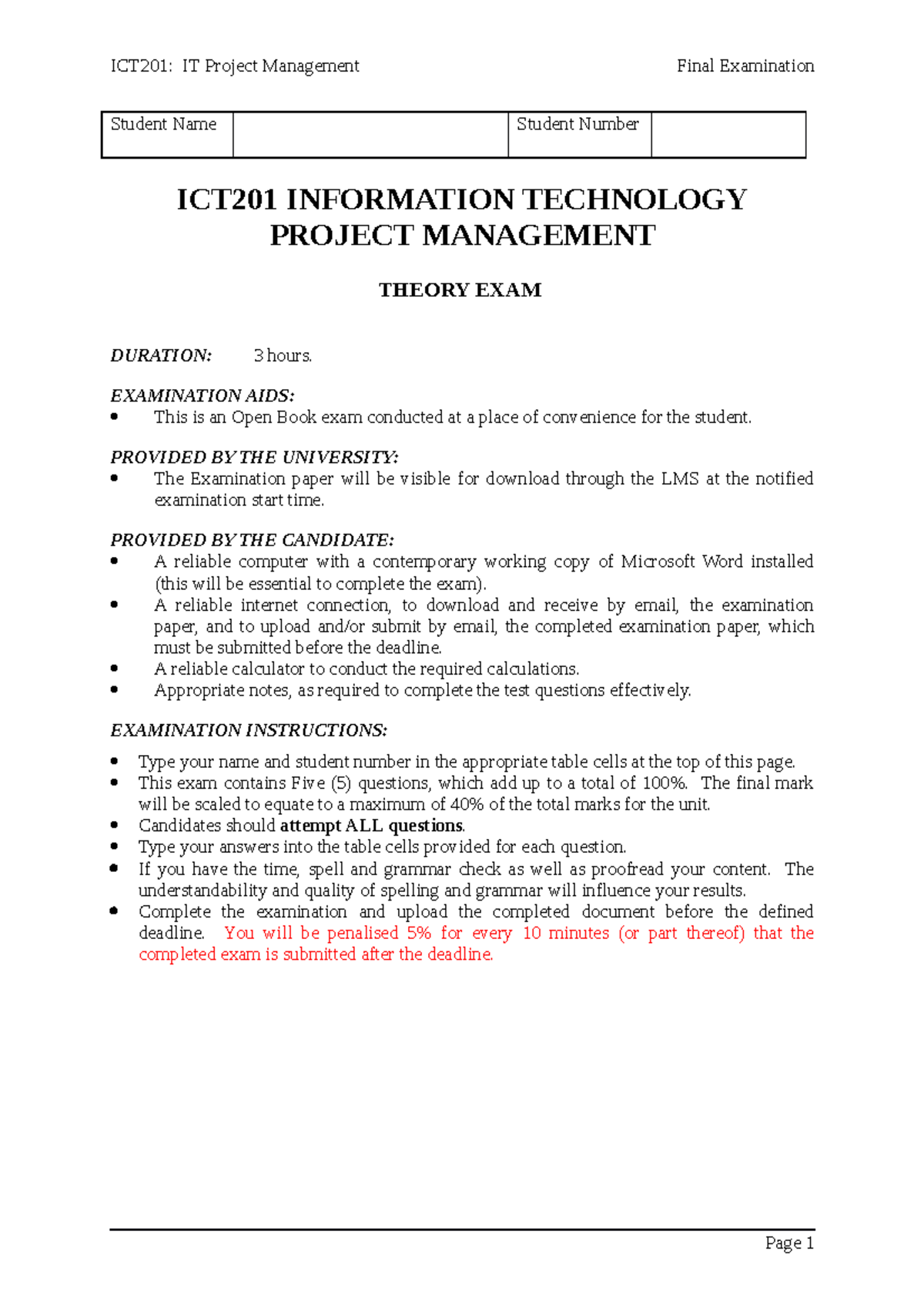 ICT201: IT Project Management Final Exam Guidelines and Questions - Studocu