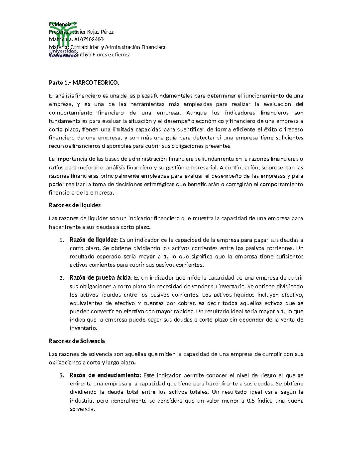 Evidencia 2 parte 1 y 2 - Análisis financiero de empresa y ratios ...