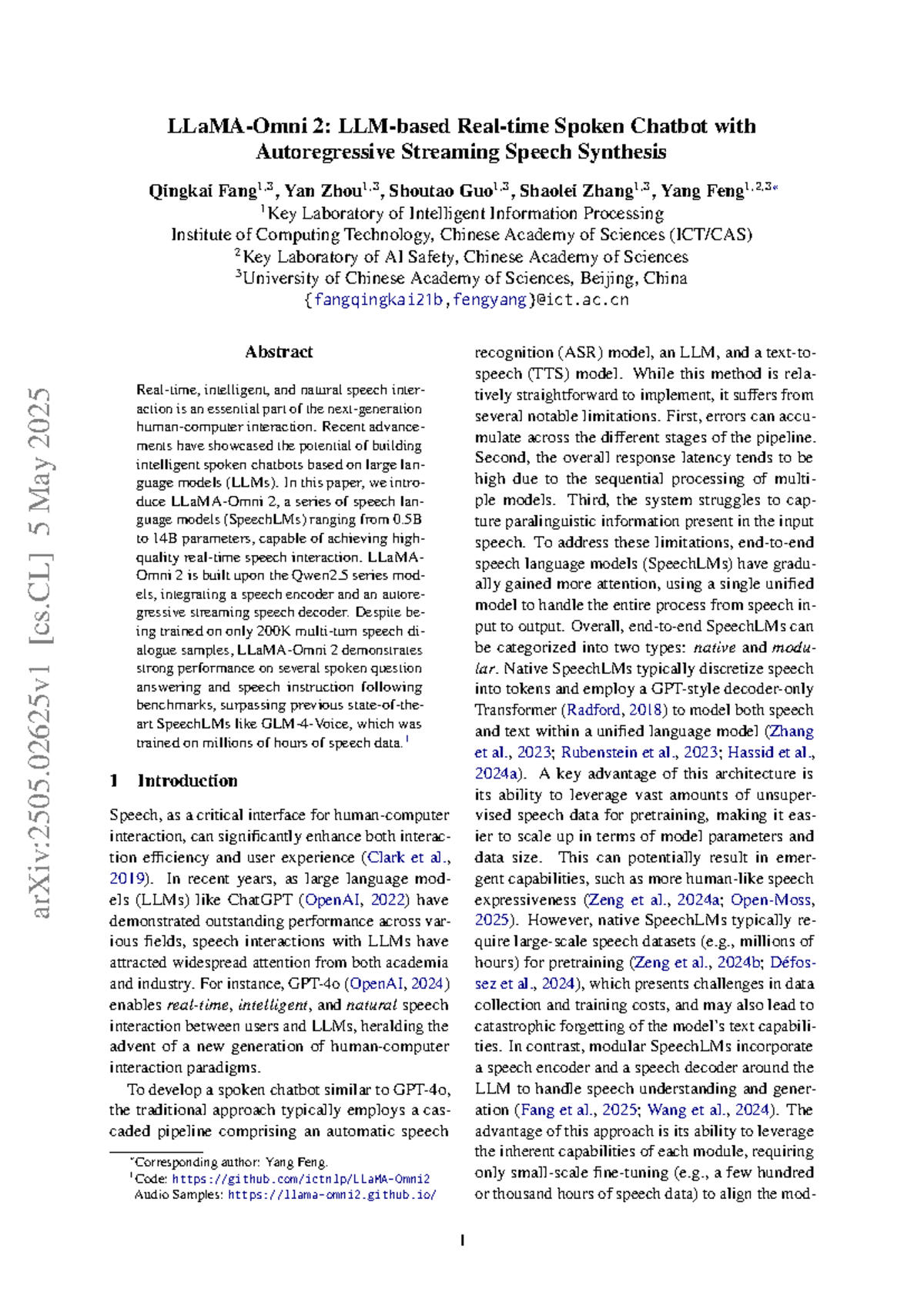 Spoken Chatbot with Autoregressive Streaming Speech Synthesis (2505 ...