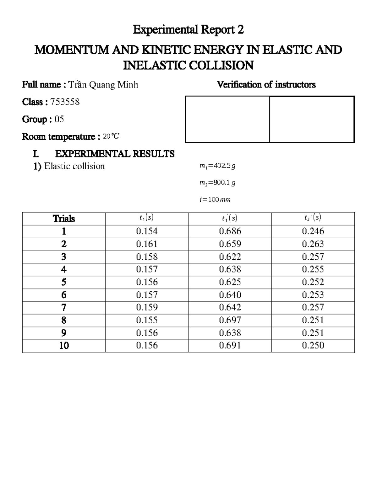 Experimental Report 2: Momentum & Kinetic Energy in Collisions - 753558 ...