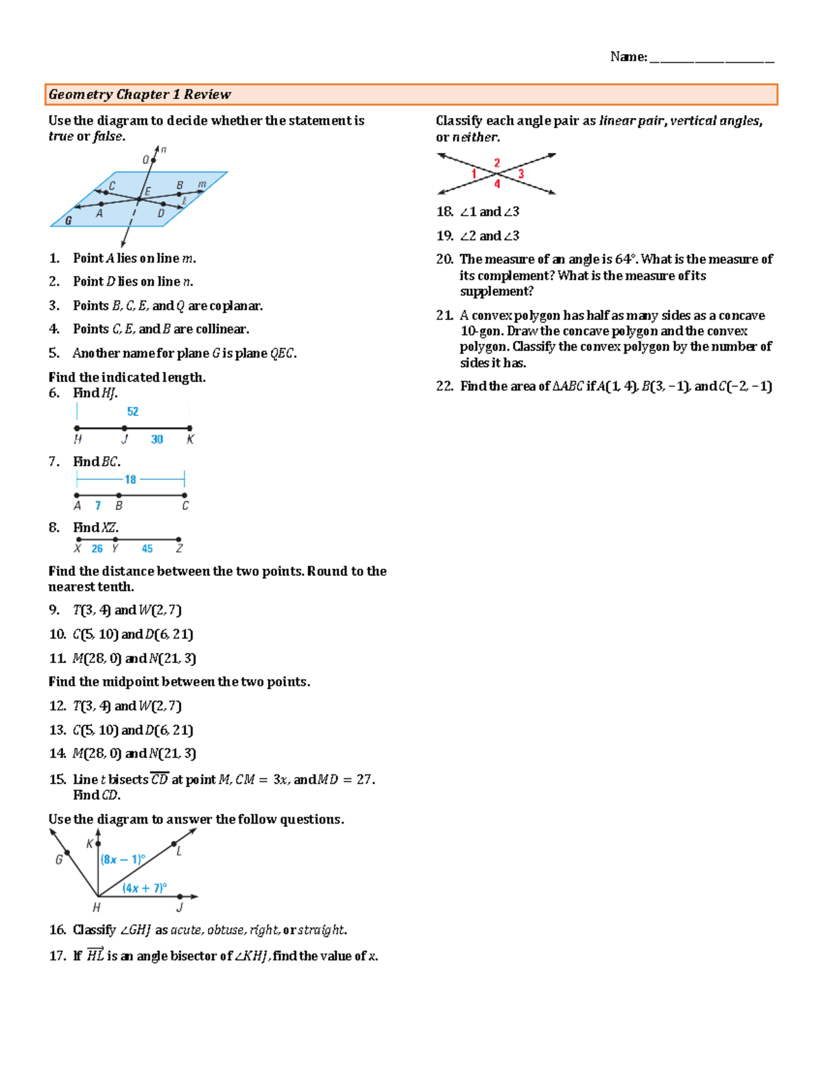 Geometry 01 - Chapter 1 Review and Angle Classification - Studocu