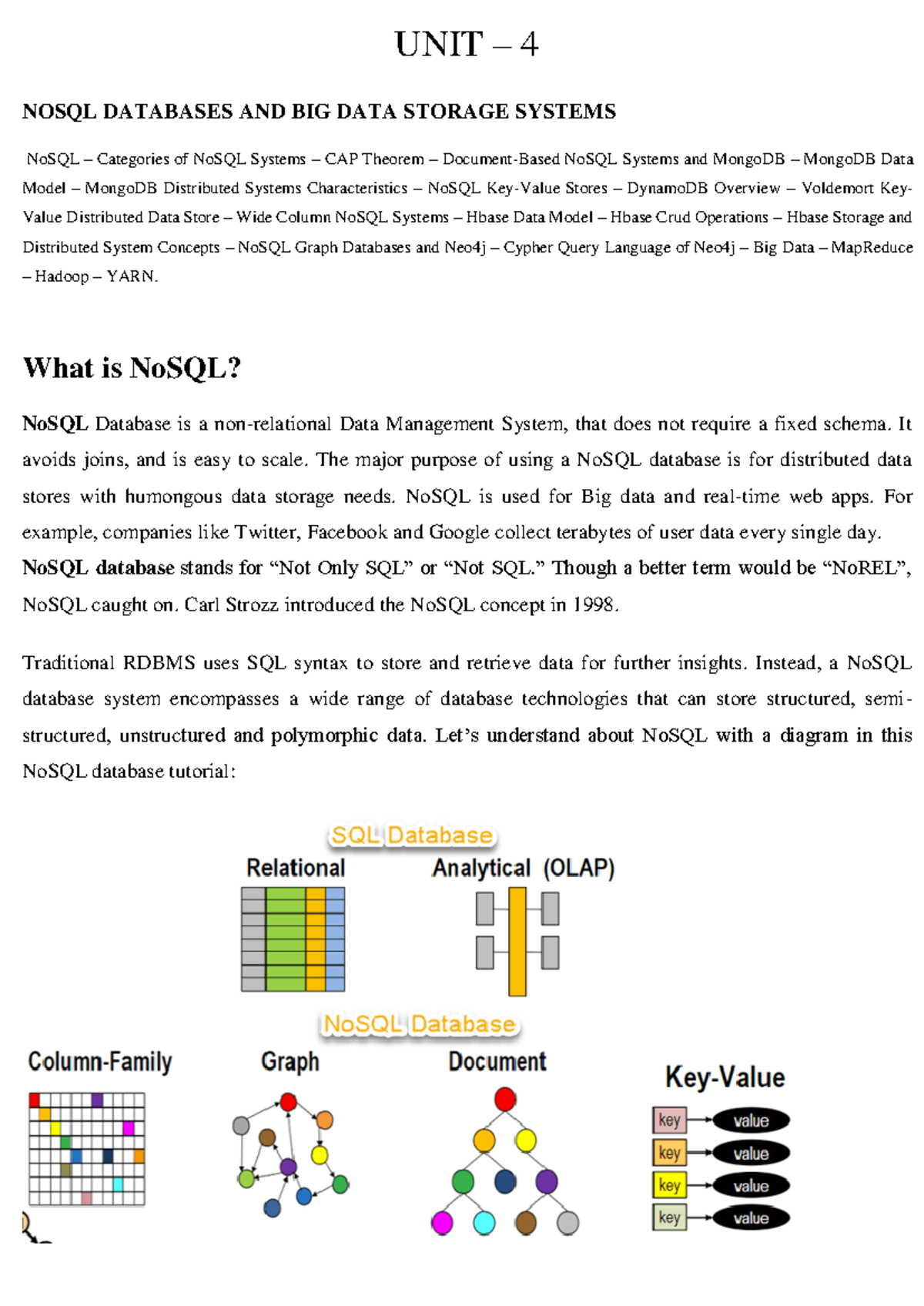 database unit-4 - UNIT – 4 NOSQL DATABASES AND BIG DATA STORAGE SYSTEMS ...