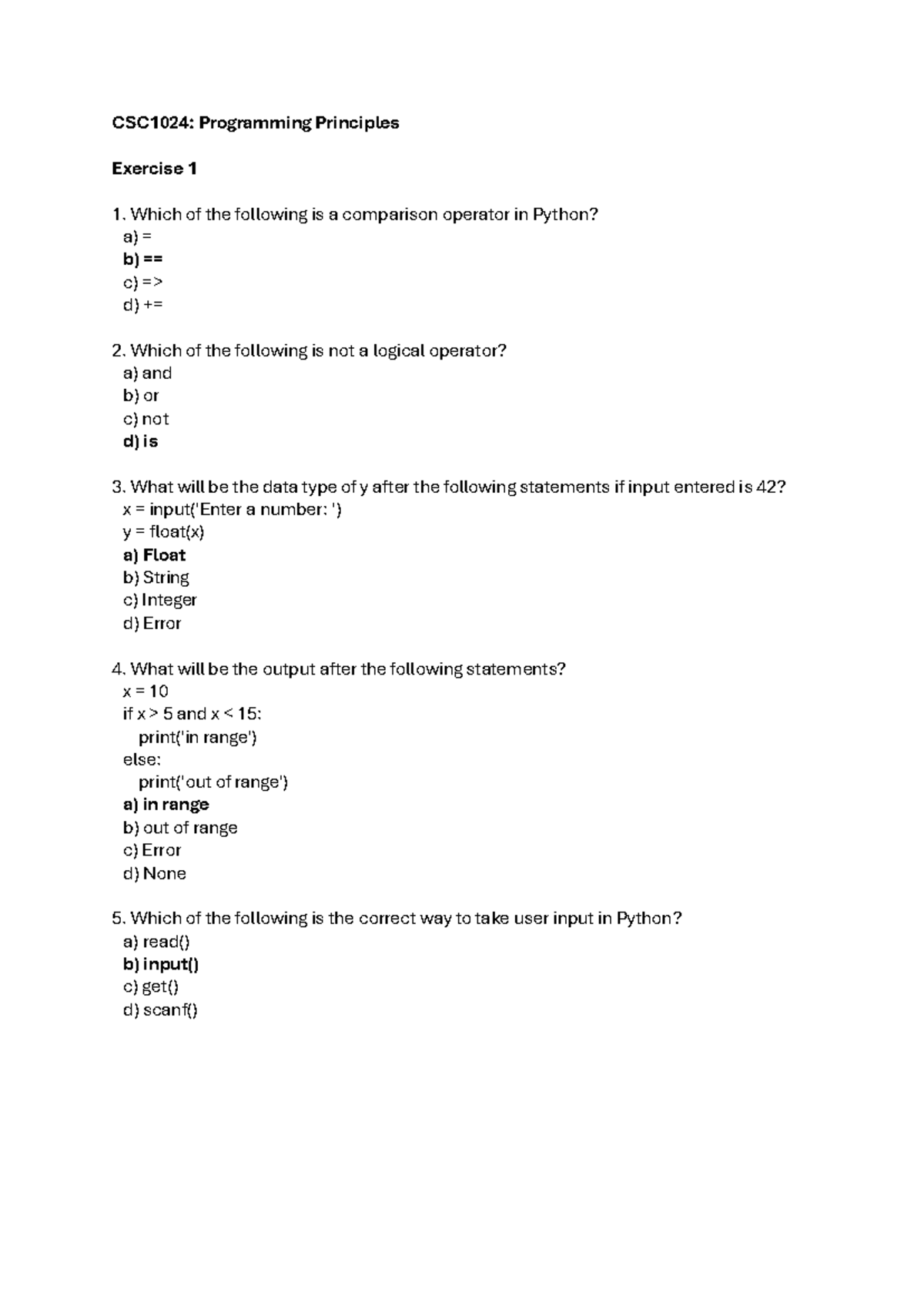 CSC1024: Programming Principles Exercise 01 Questions and Answers - Studocu