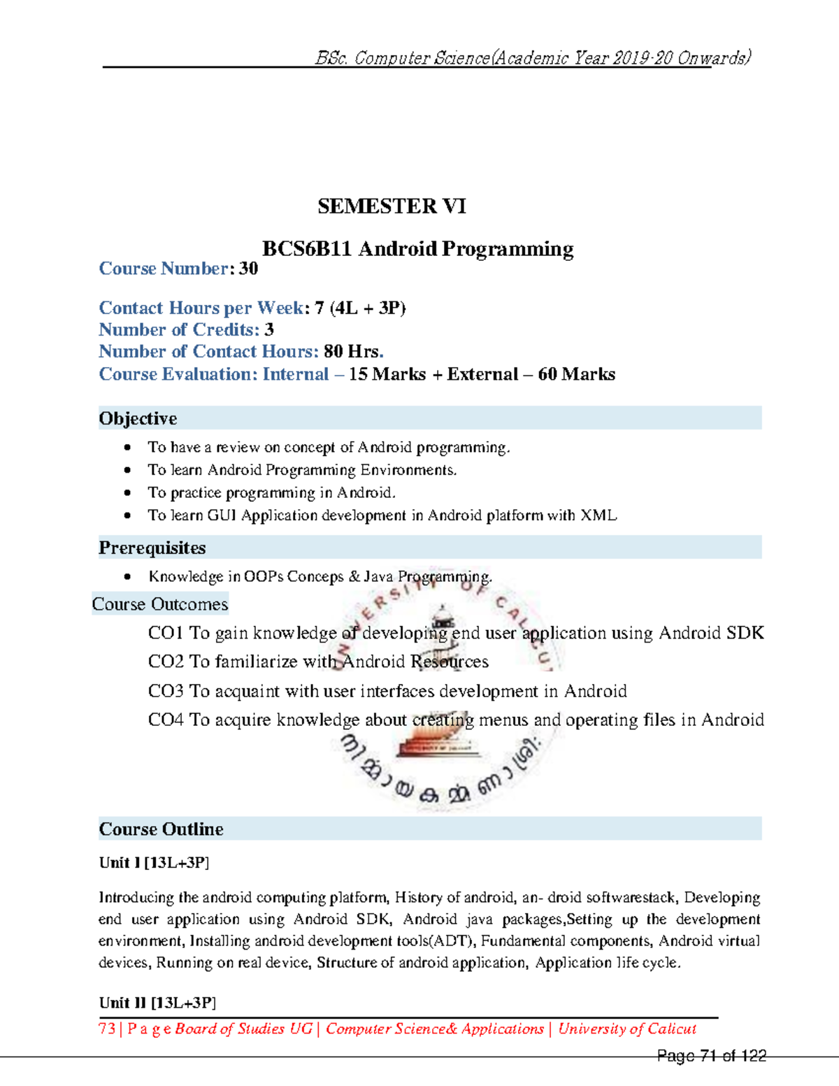 BCS6B11 Android Programming Syllabus & Course Outline Overview - Studocu