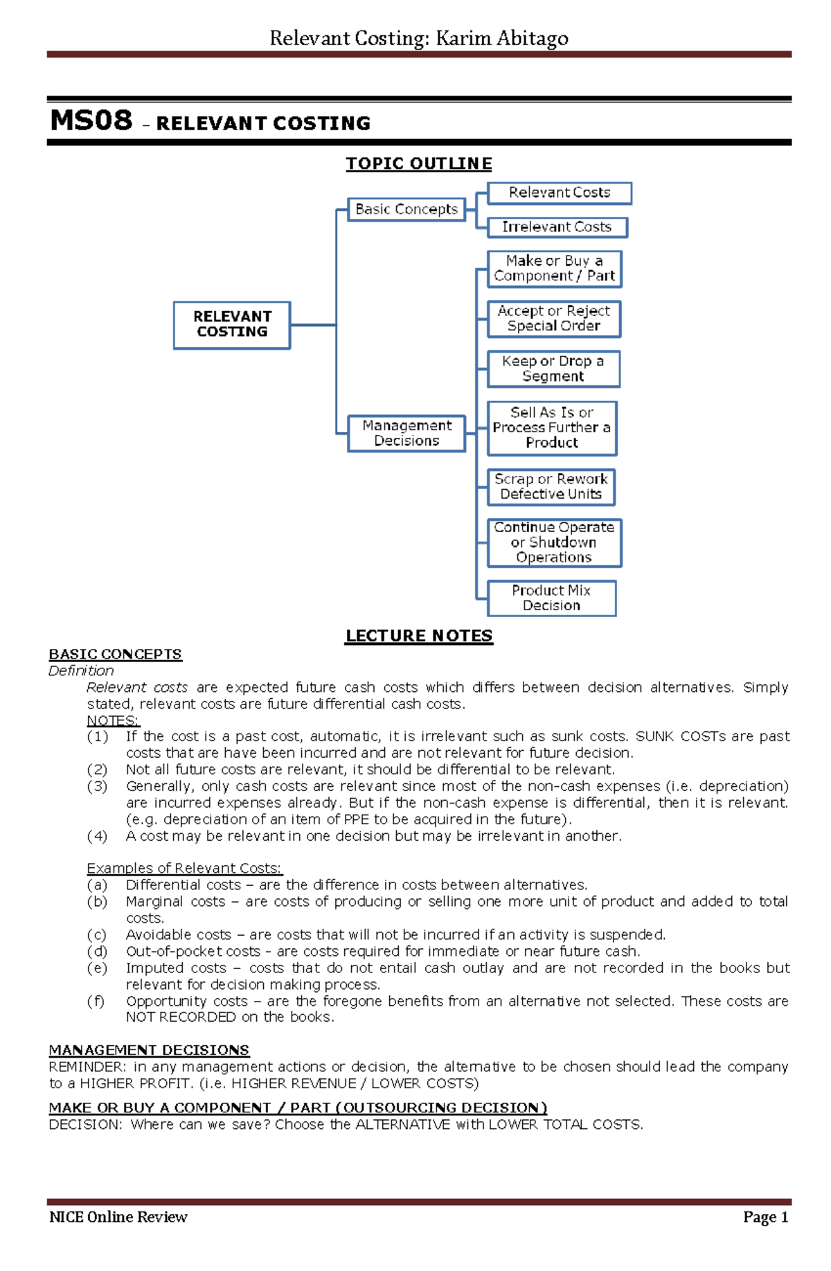 Chapter 7: Relevant Costing - Lecture Notes (MS08) - Studocu