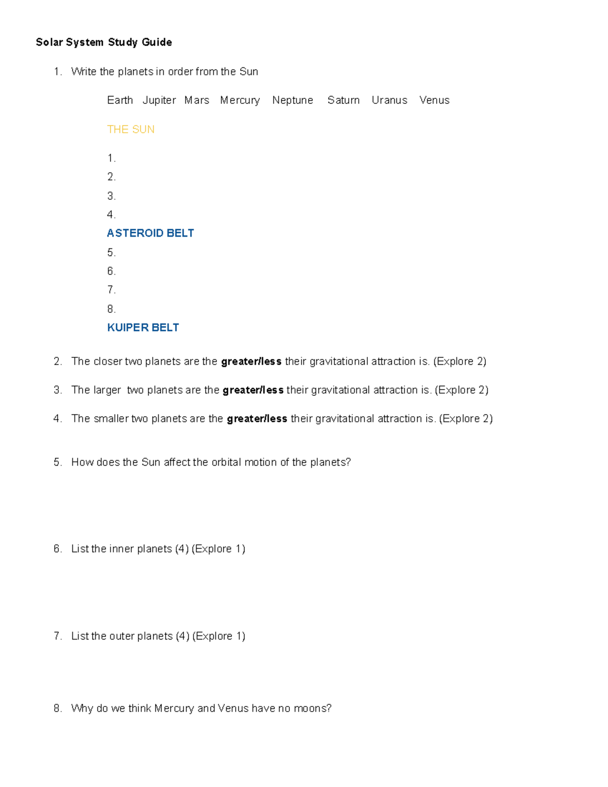 Solar System Study Guide: Key Concepts & Activities - Studocu