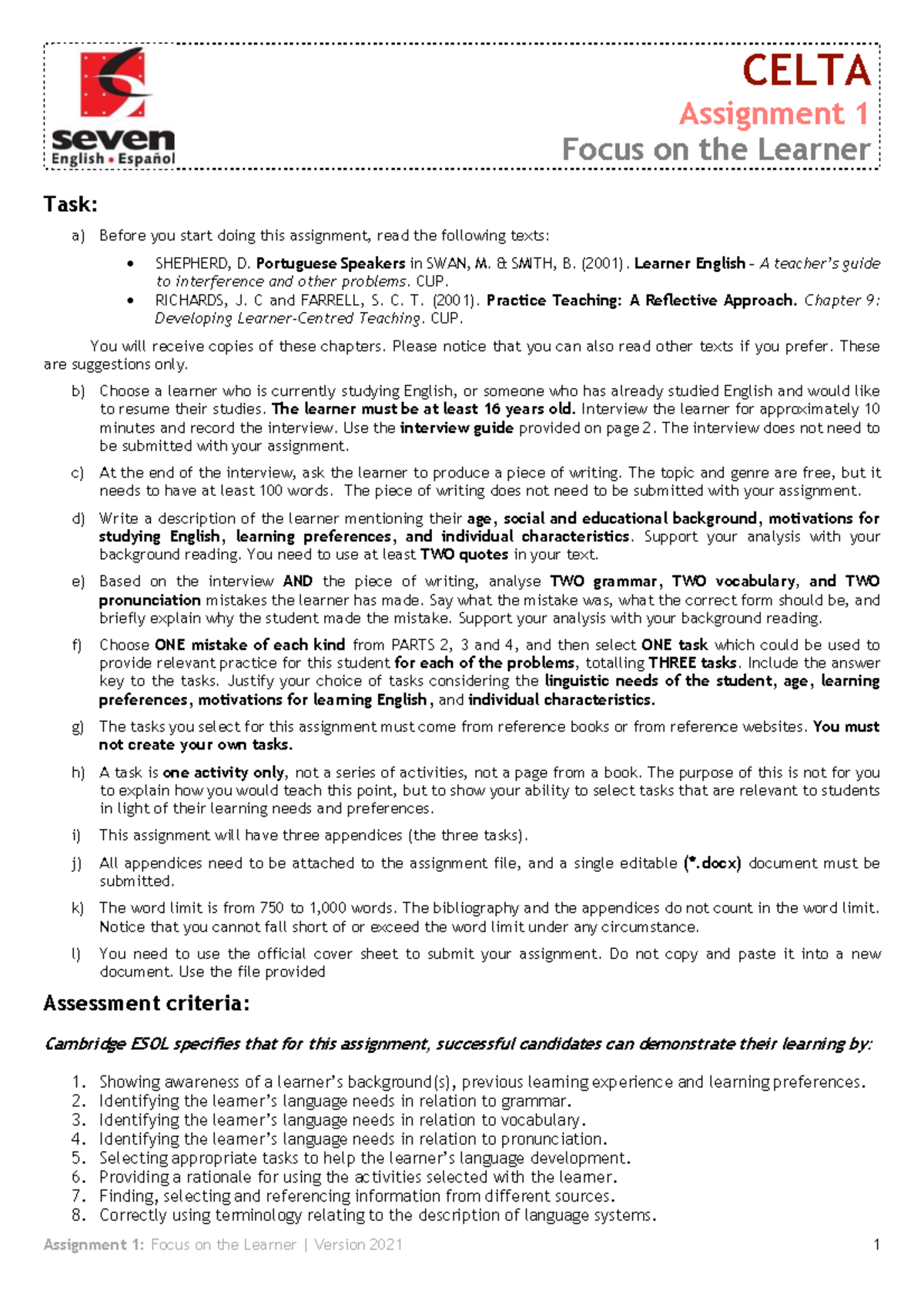 CELTA A1 Assignment: Focus on the Learner Analysis and Tasks - Studocu
