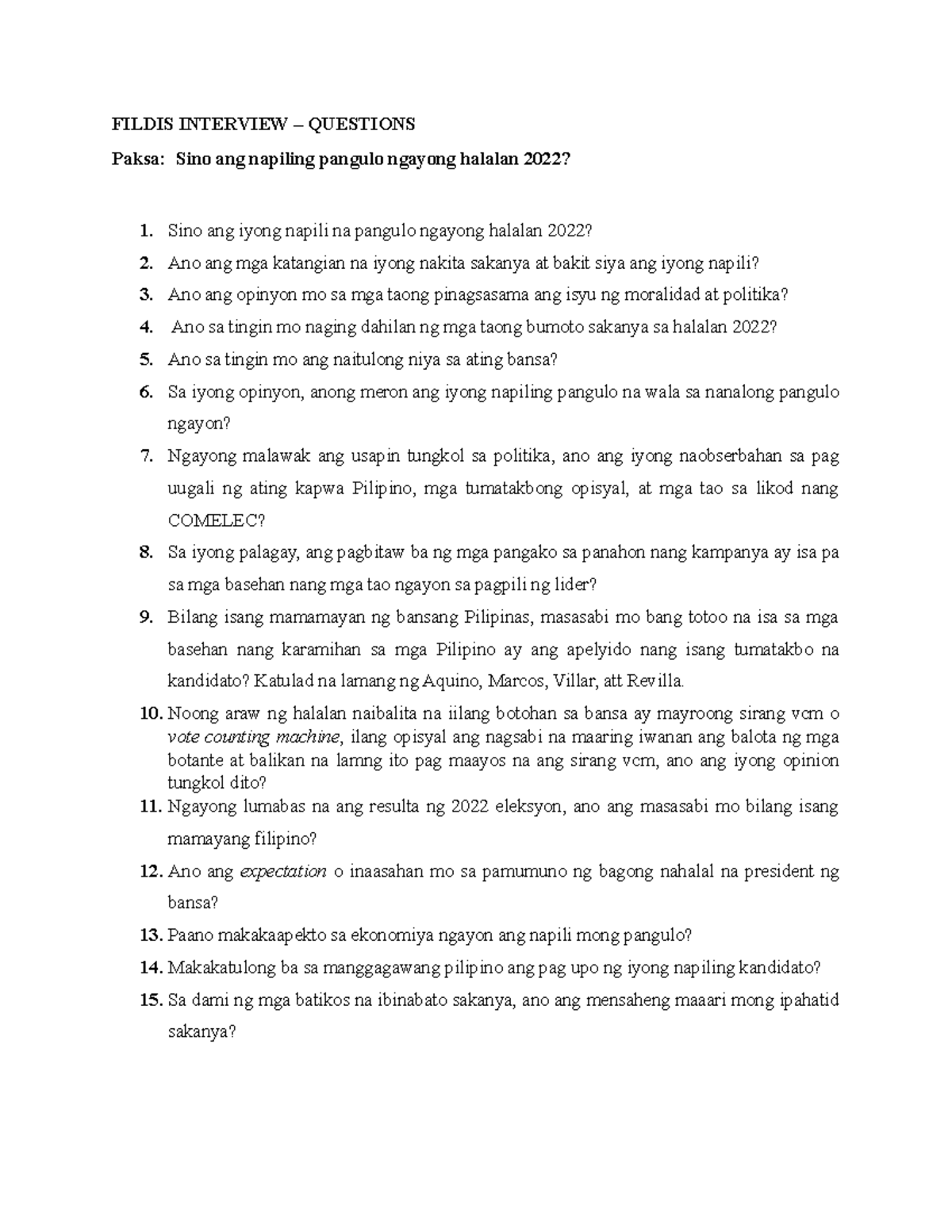 Filipino- Interview Questions - FILDIS INTERVIEW – QUESTIONS Paksa ...