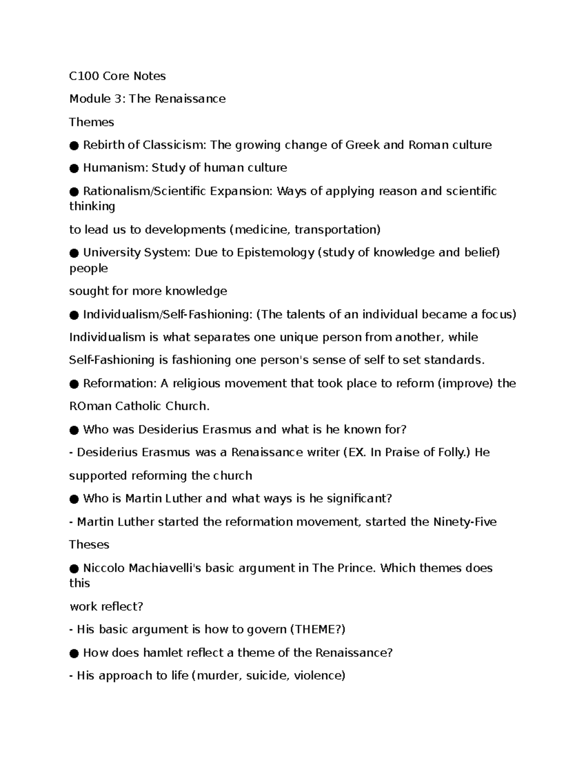 C100 Module 3: Renaissance Themes and Key Figures Summary - Studocu