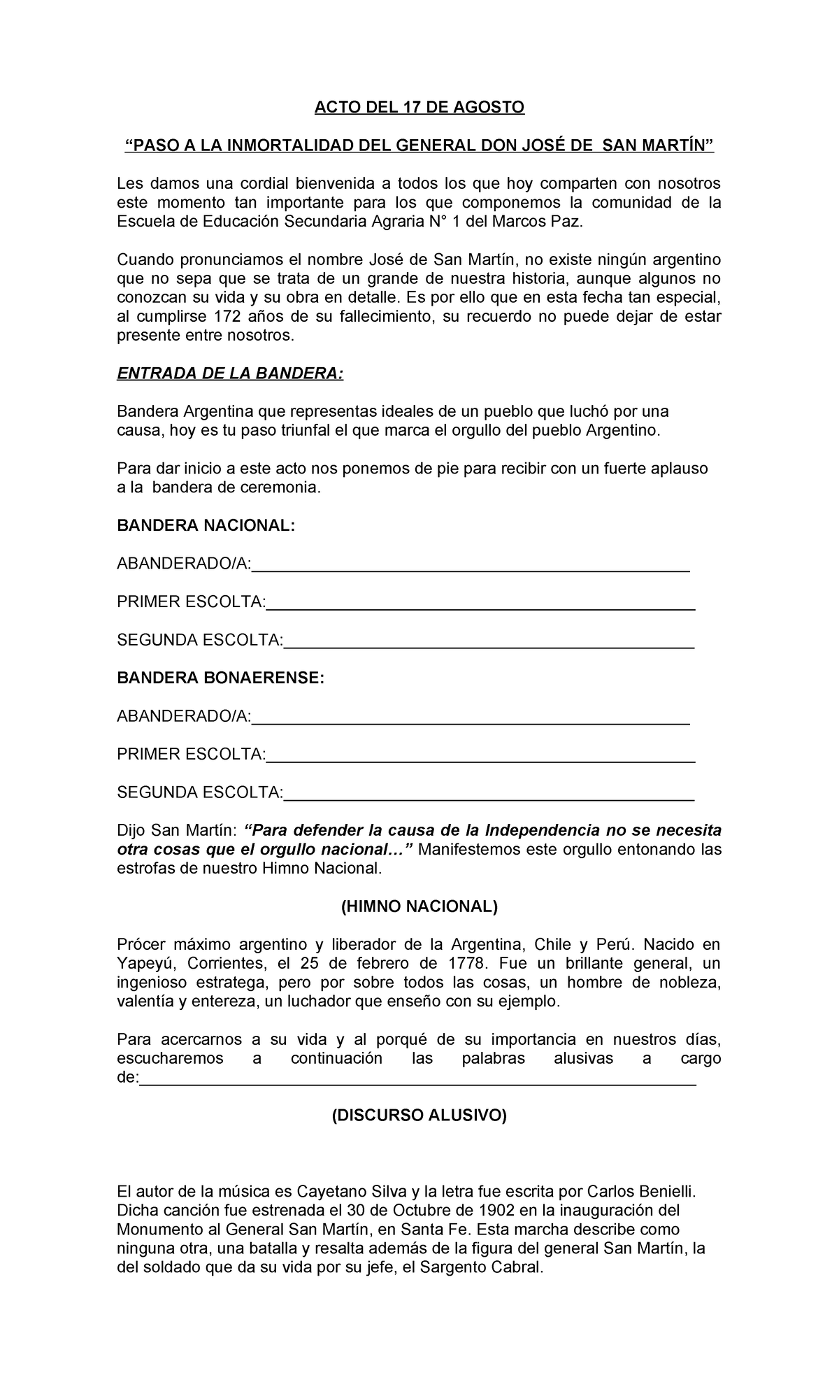 Acto del 17 de Agosto: Glosas en Honor a José de San Martín - Document Preview