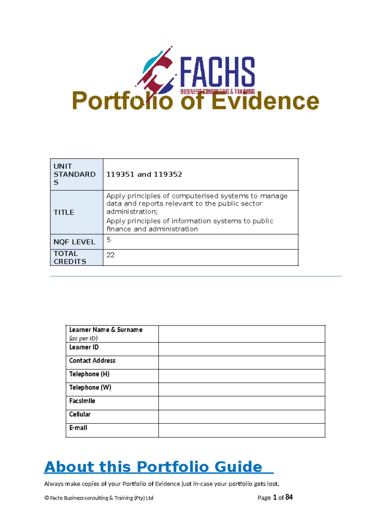 Portfolio of Evidence for Unit Standards POE 119351 & 119352 - Studocu