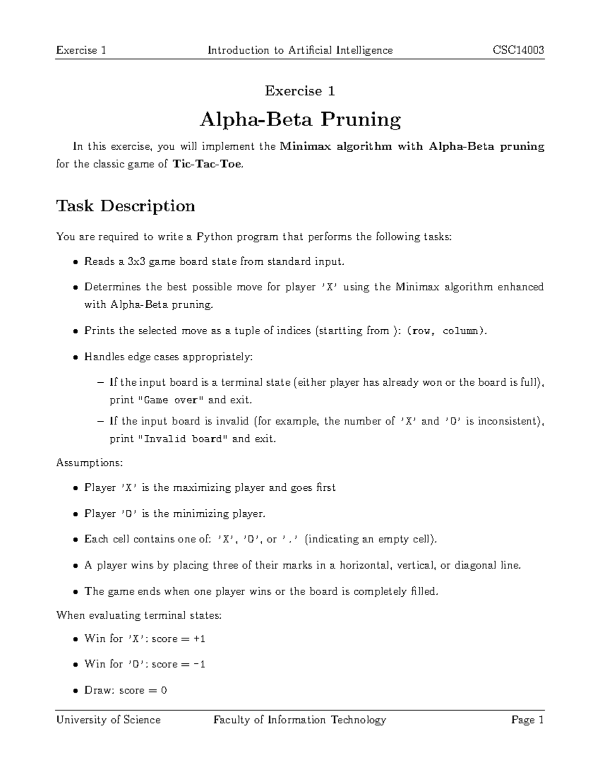 CSC14003 Exercise 1: Minimax Algorithm with Pruning in AI - Studocu