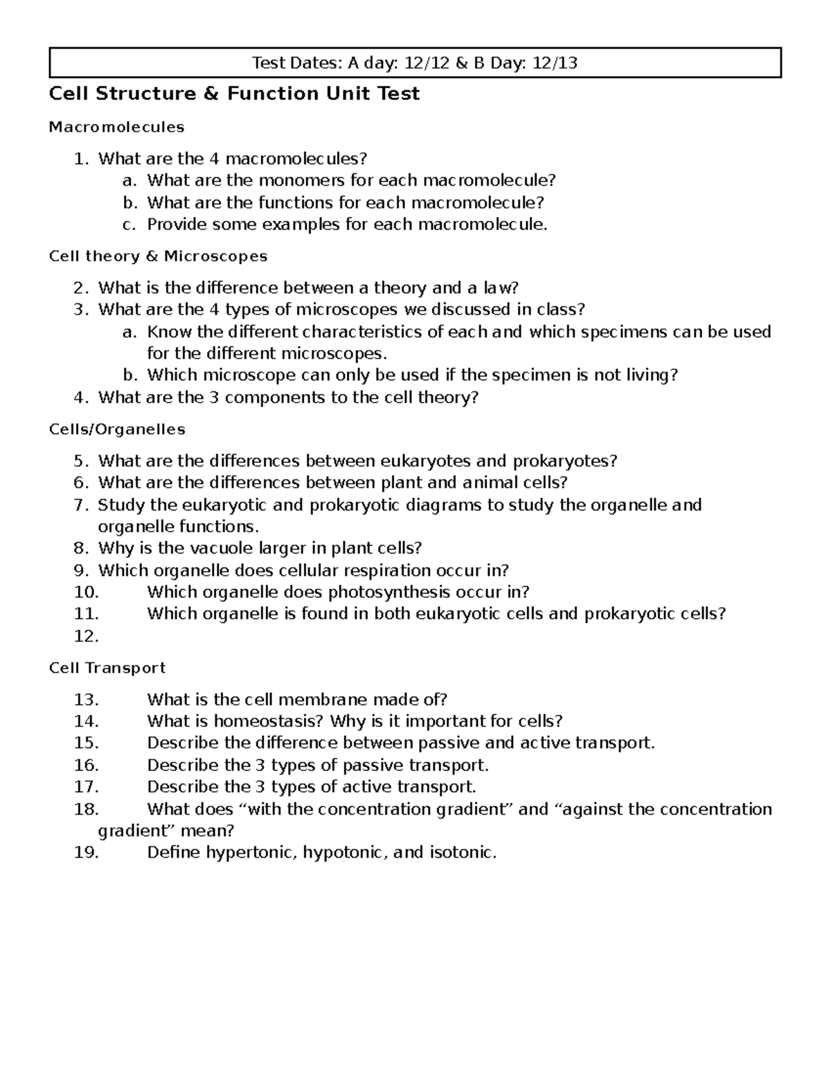 Cell Structure & Function Unit Study Guide - Cell Structure & Function ...