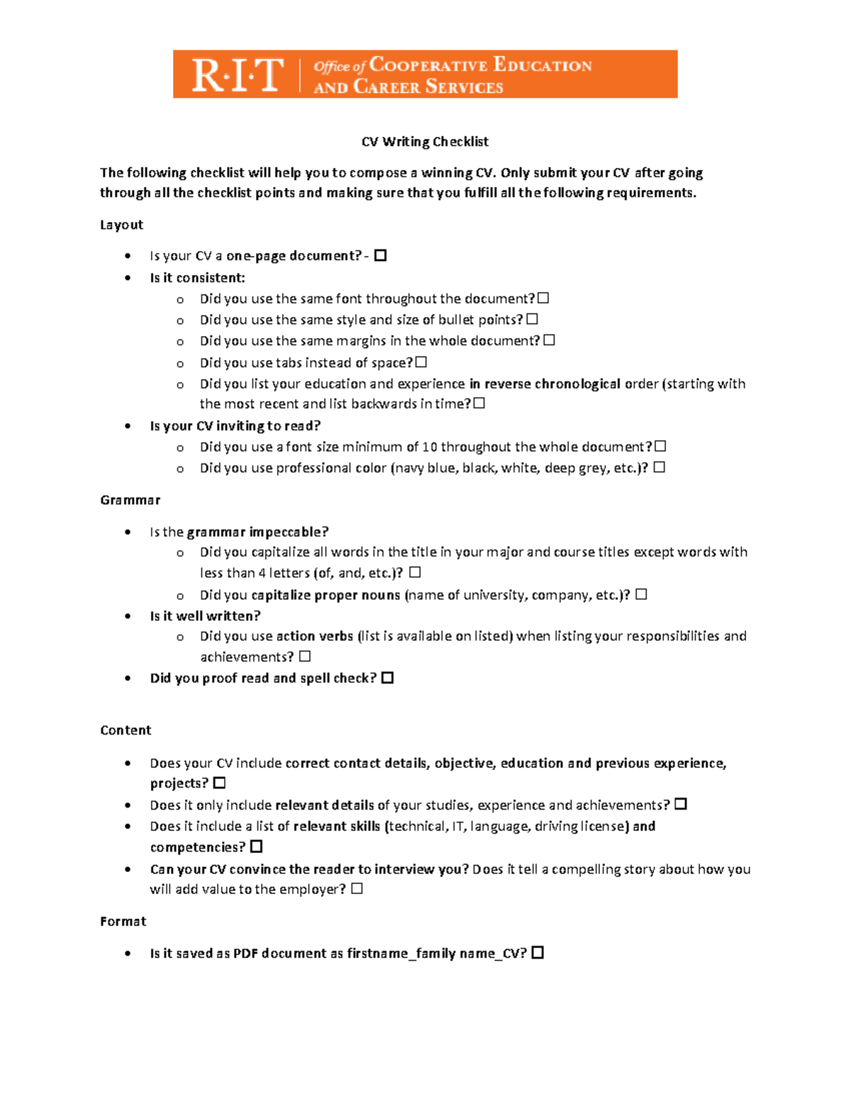 CV Writing Checklist - coop prep - CV Writing Checklist The following ...