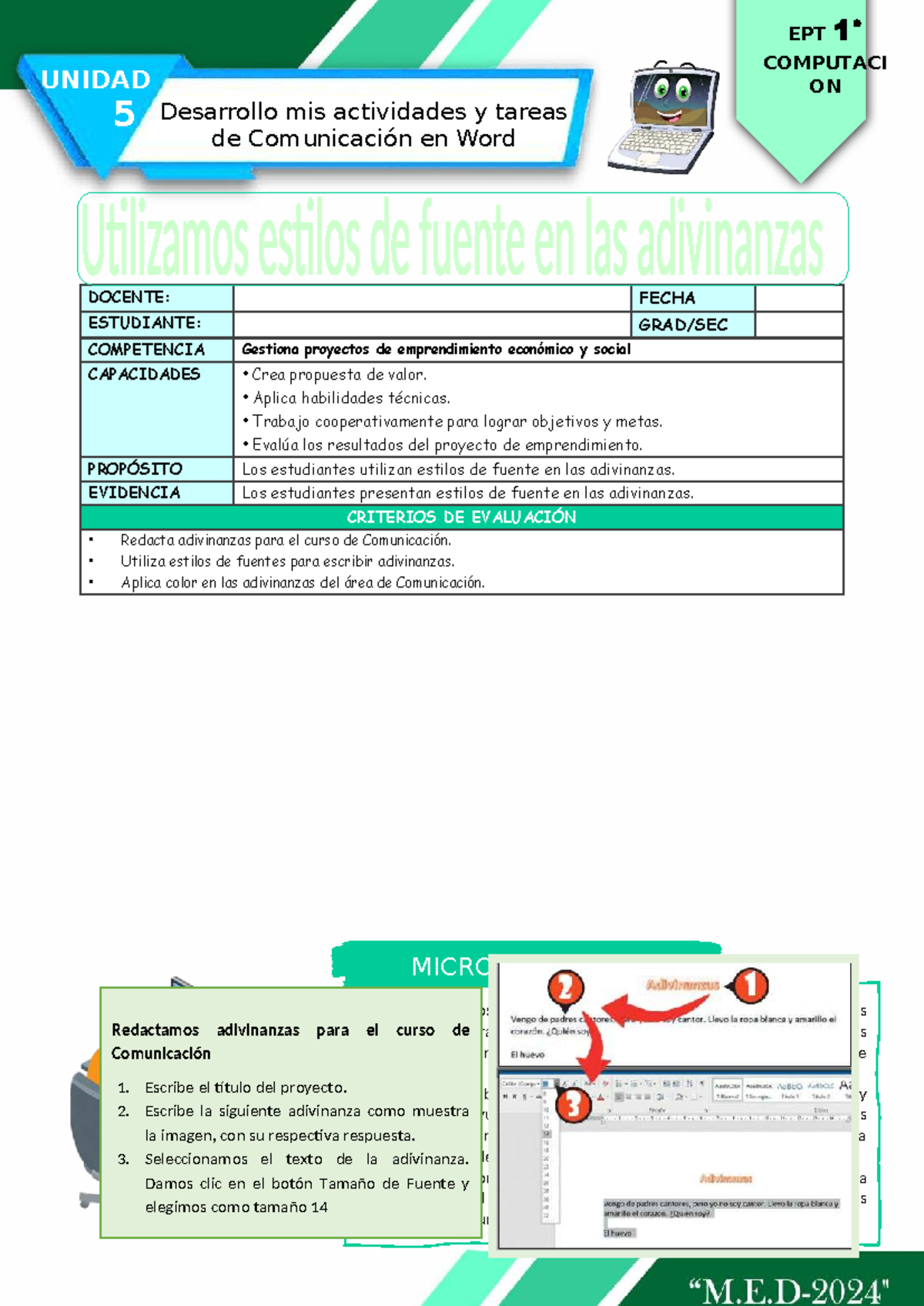 EPT 1° - Actividad de Comunicación: Estilos de Fuente en Adivinanzas ...