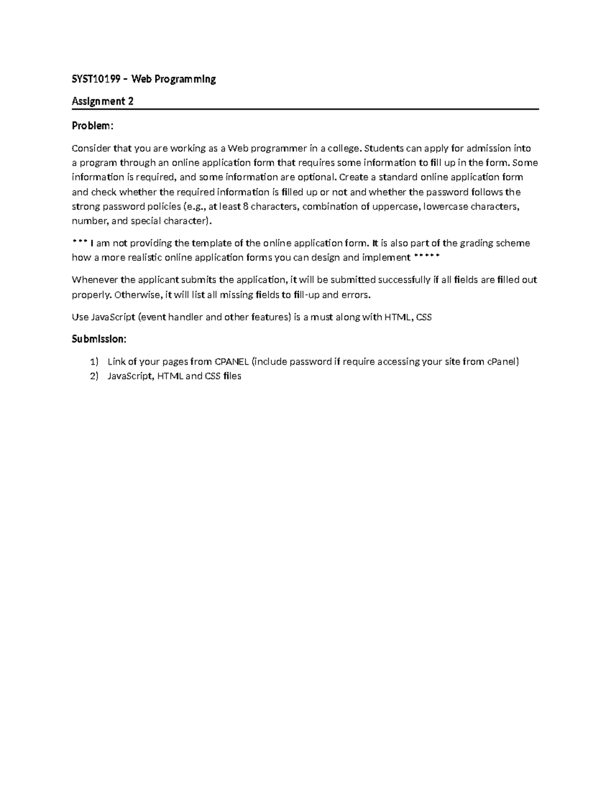 SYST10199 - Web Programming Assignment 2: Online Application Form ...