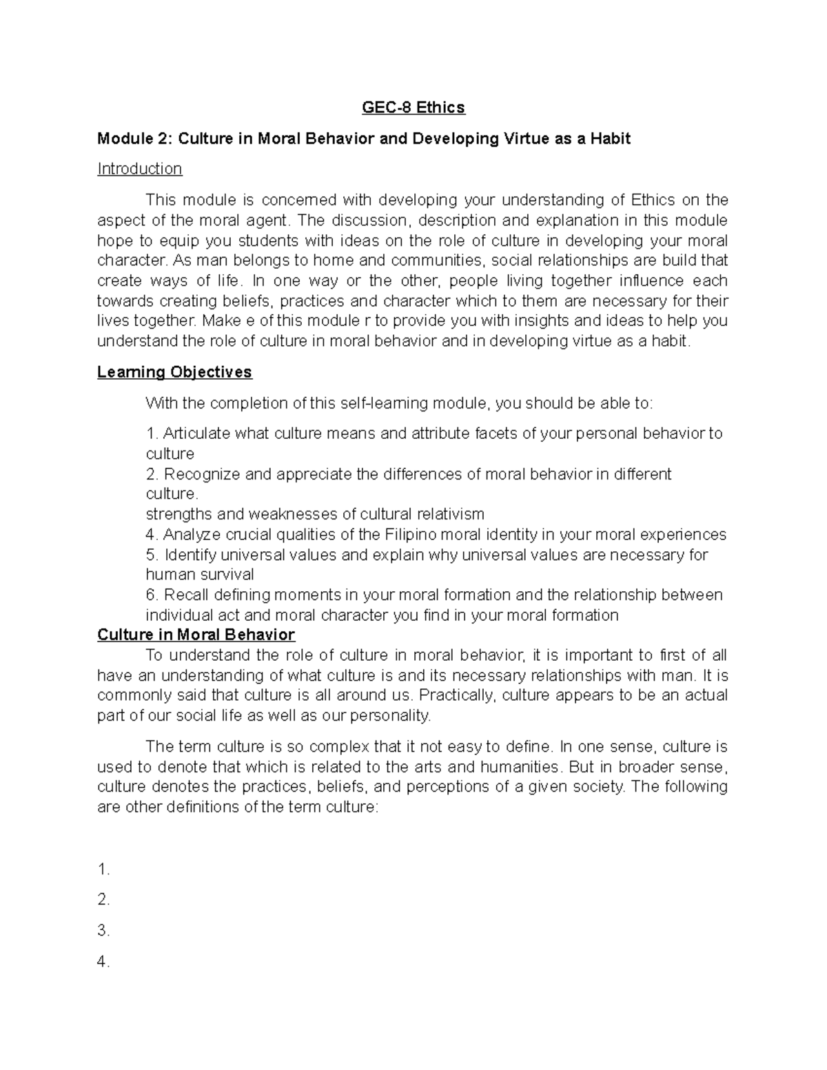 GEC-8 Ethics: Culture's Role in Moral Behavior and Developing Virtue ...